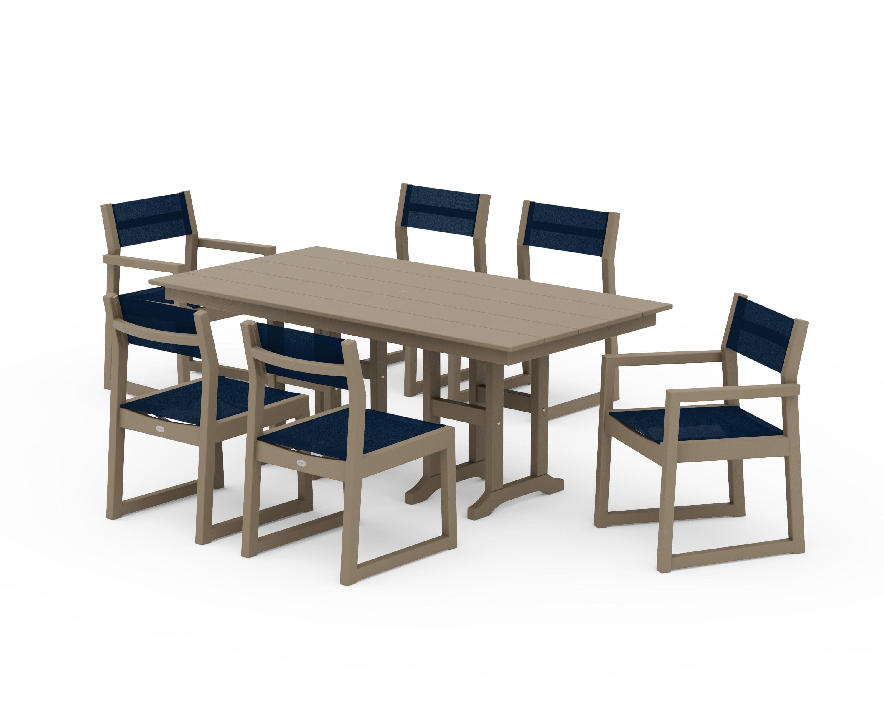 EDGE Sling 7-Piece Farmhouse Dining Set in Vintage Sahara / Navy Blue Sling