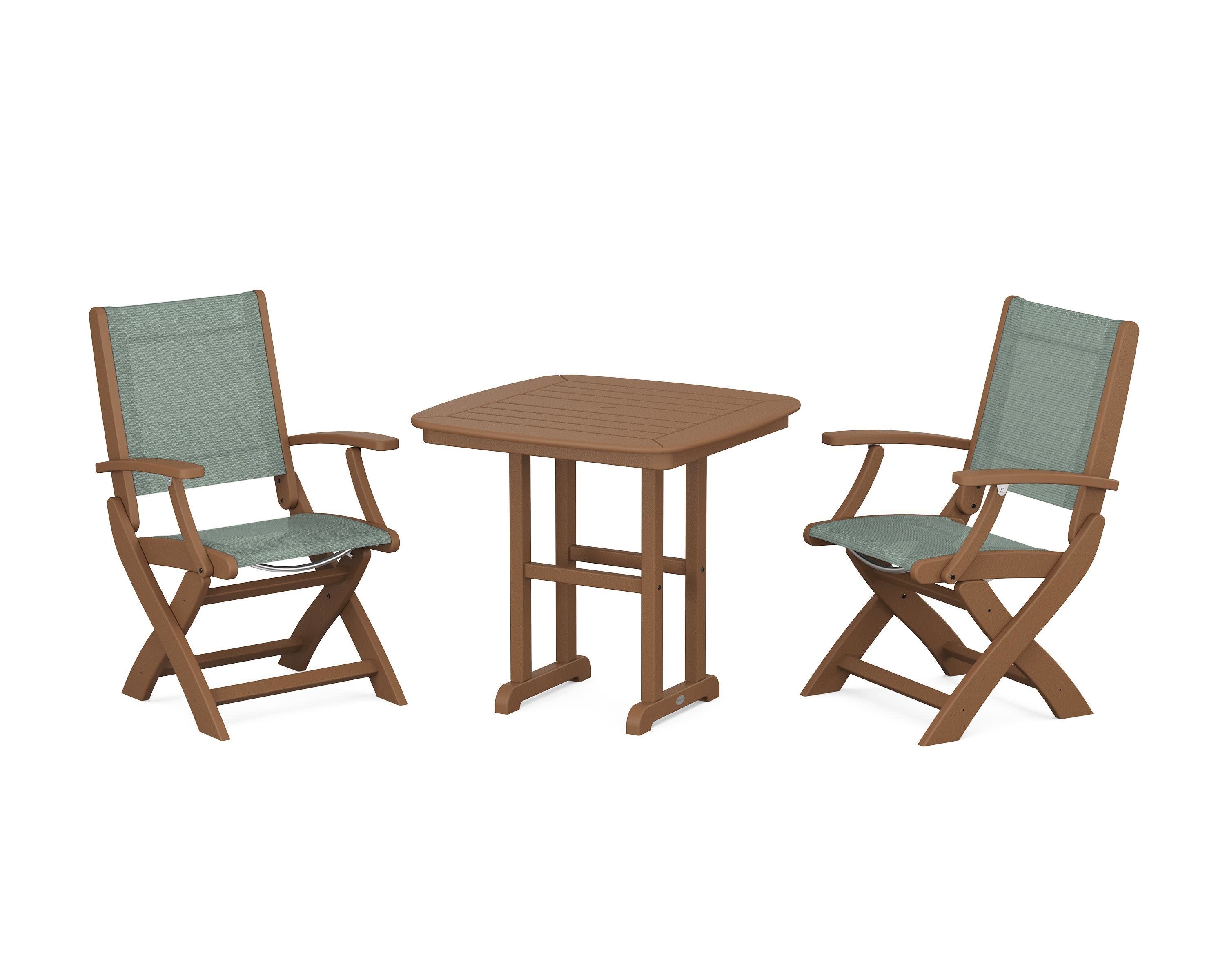 Coastal Folding Chair 3-Piece Dining Set in Teak / Dupioni Sea Mist Sling
