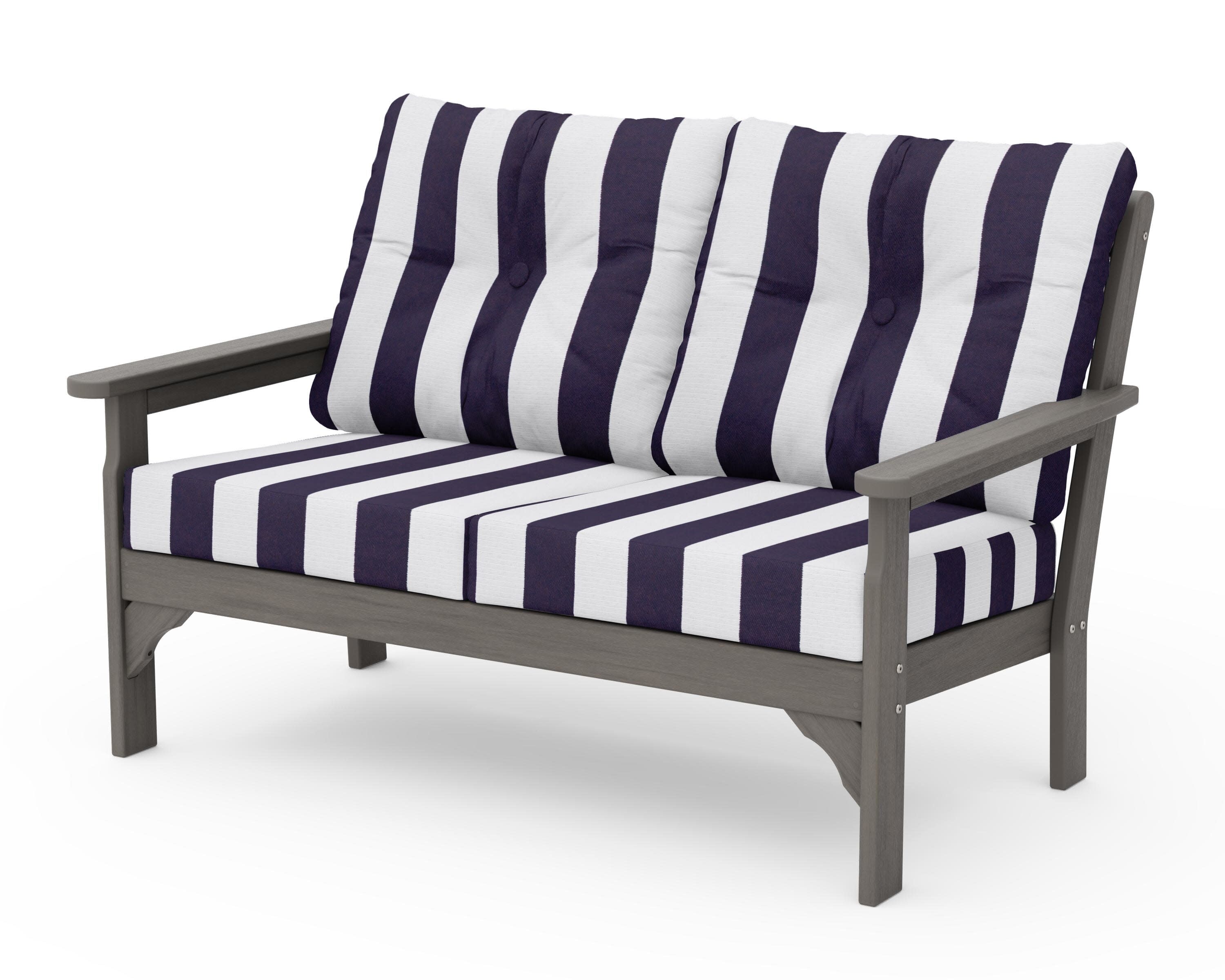 Vineyard Deep Seating Loveseat in Driftwood / Cabana Stripe Navy