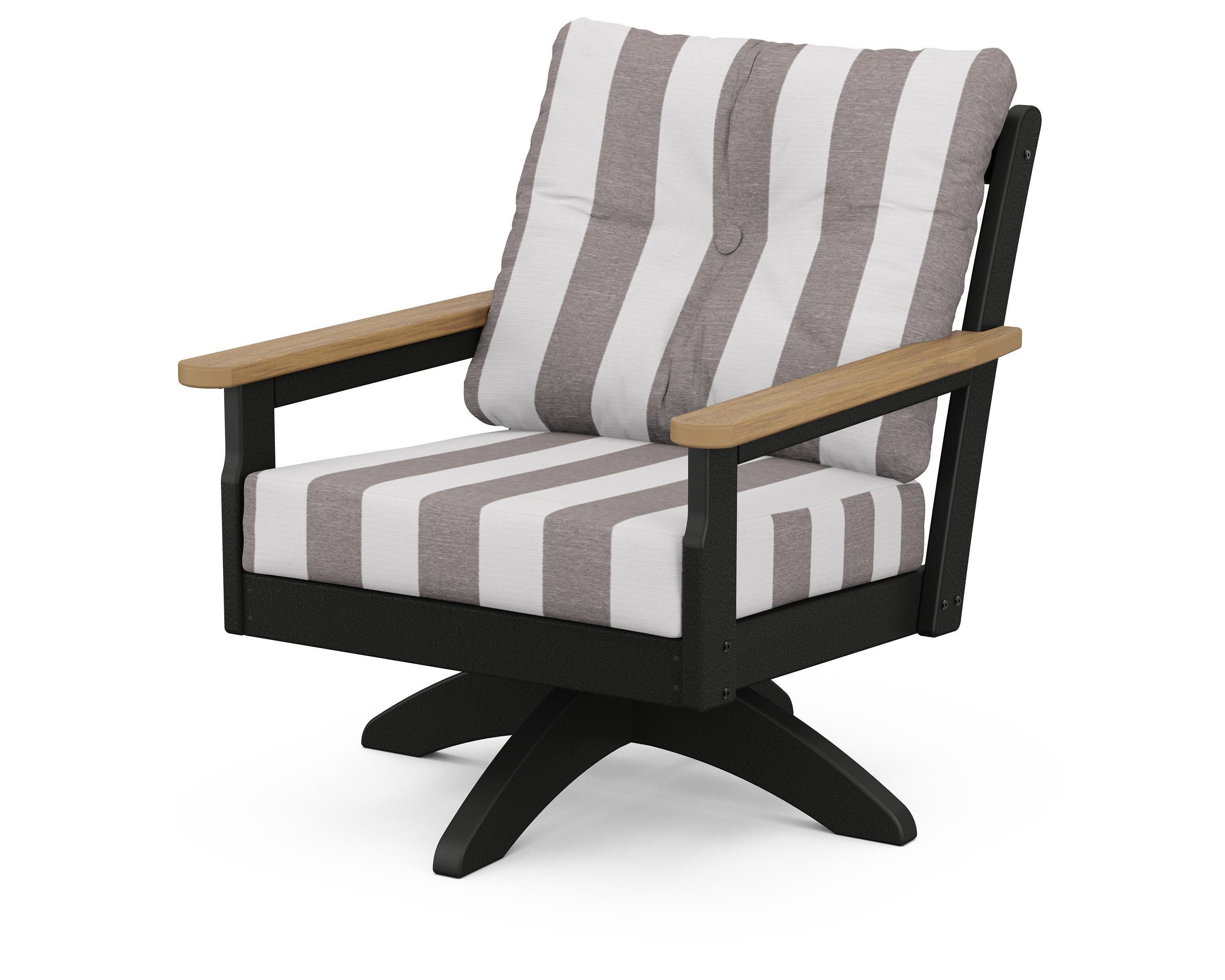 Vineyard Deep Seating Swivel Chair in Black / Natural / Cabana Stripe Grey Mist