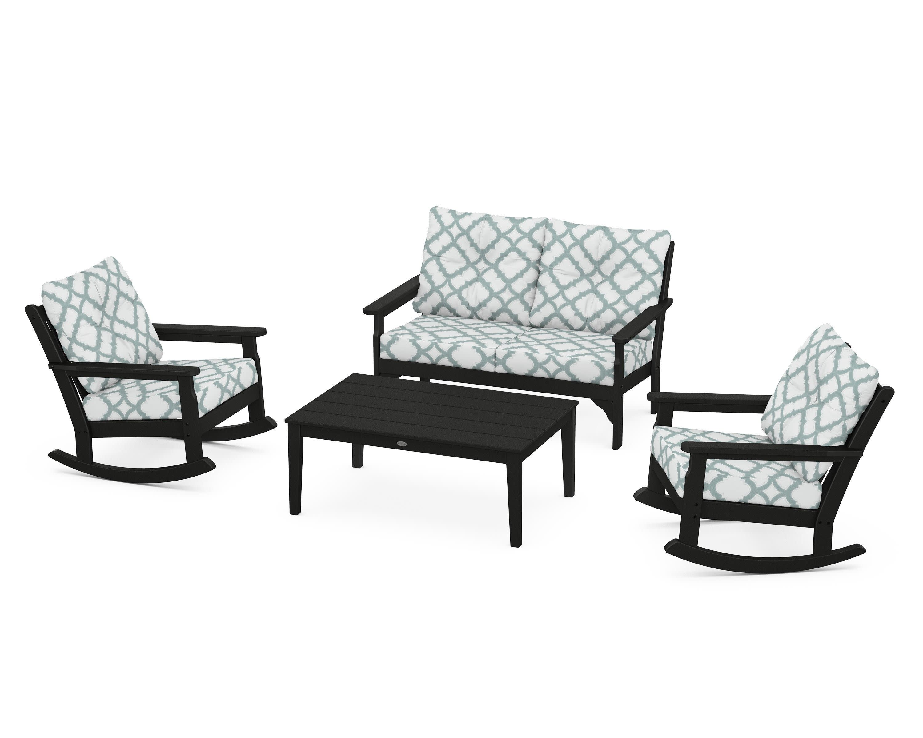 Vineyard 4-Piece Deep Seating Rocking Chair Set in Black / Trellis Glacier Spa