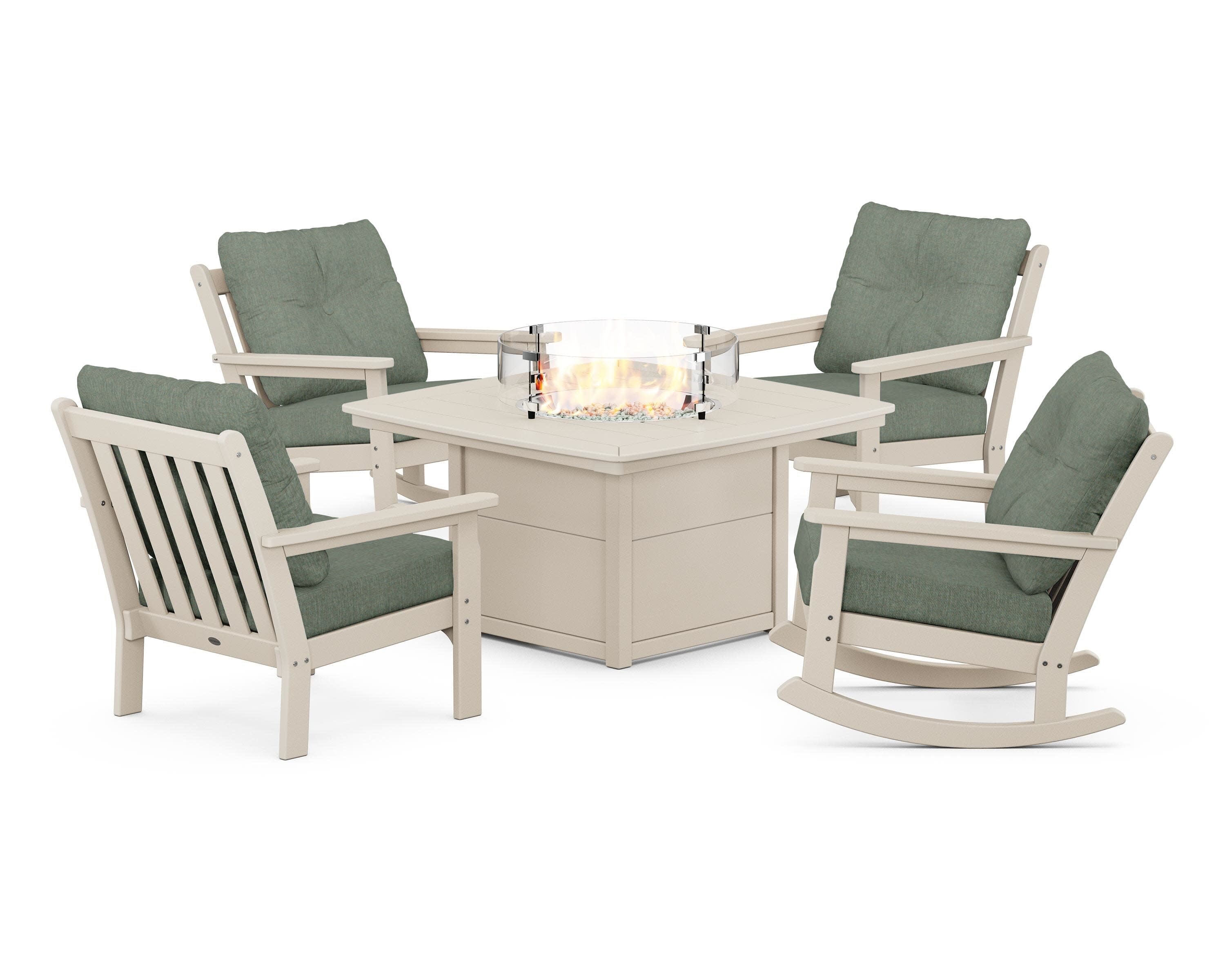 Vineyard 5-Piece Deep Seating Rocking Chair Conversation Set with Fire Pit Table in Sand / Cast Sage