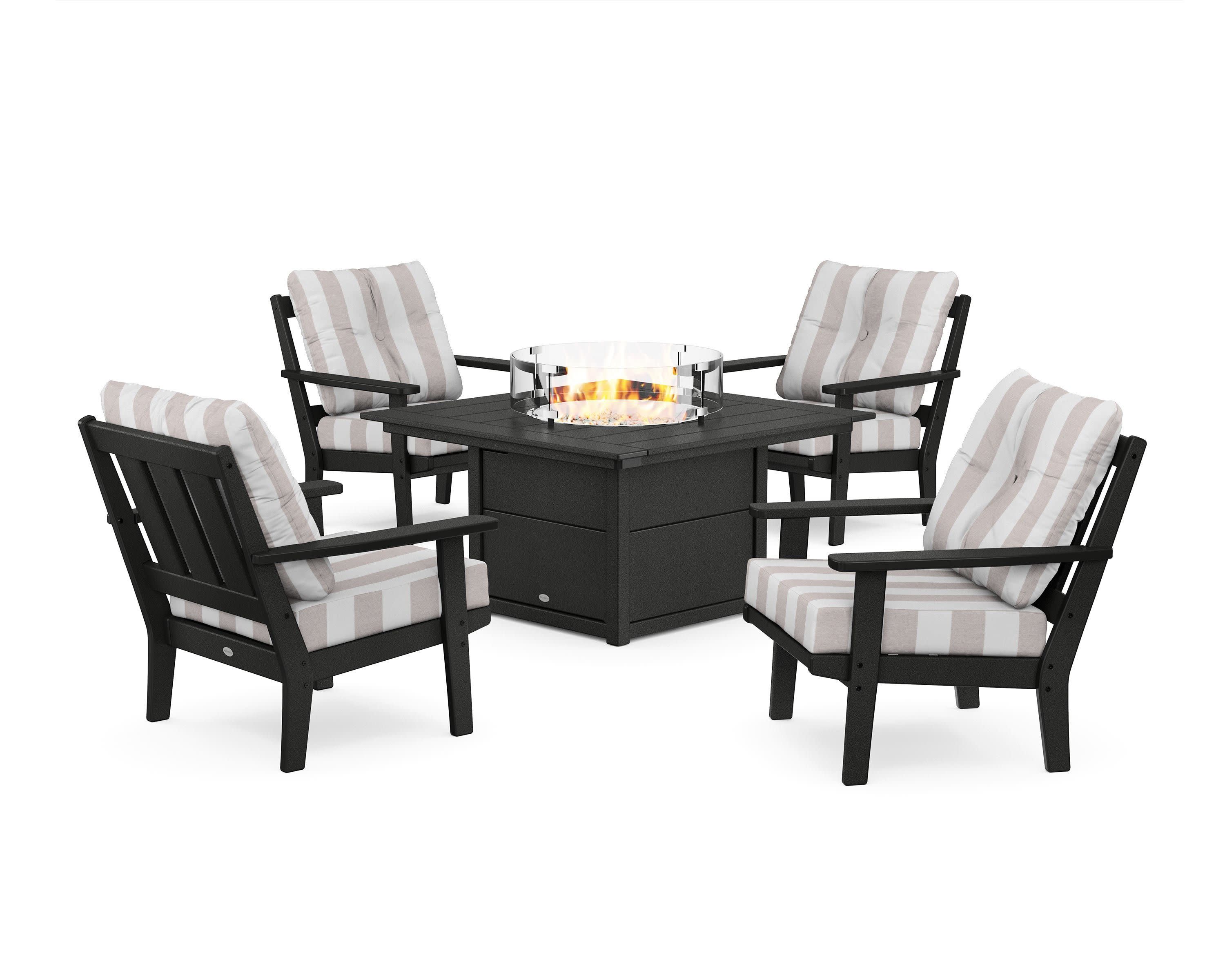 Oxford 5-Piece Deep Seating Set with Fire Pit Table in Black / Cabana Stripe Dune Burlap