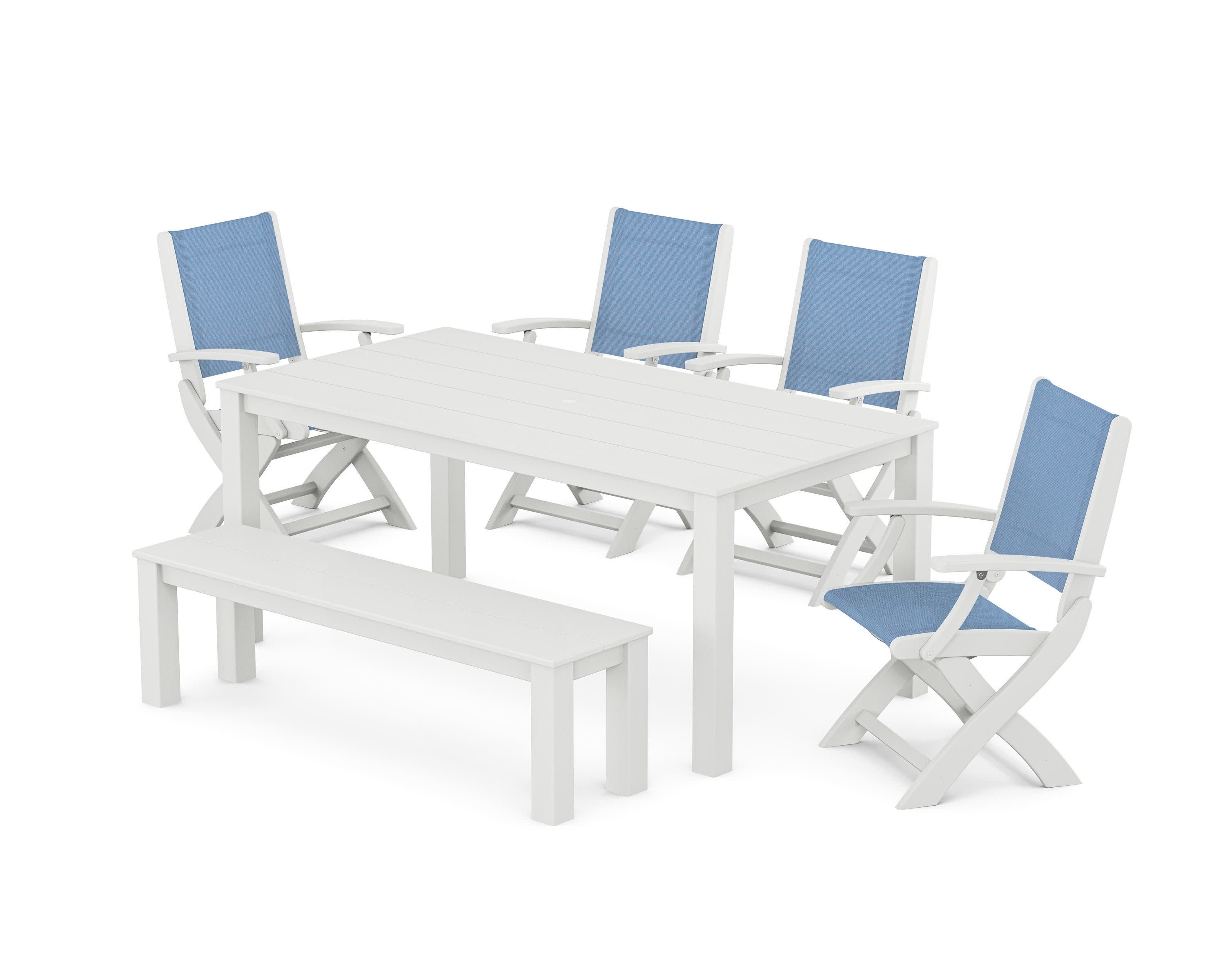 Coastal Folding Chair 6-Piece Parsons Dining Set with Bench in White / Poolside Sling