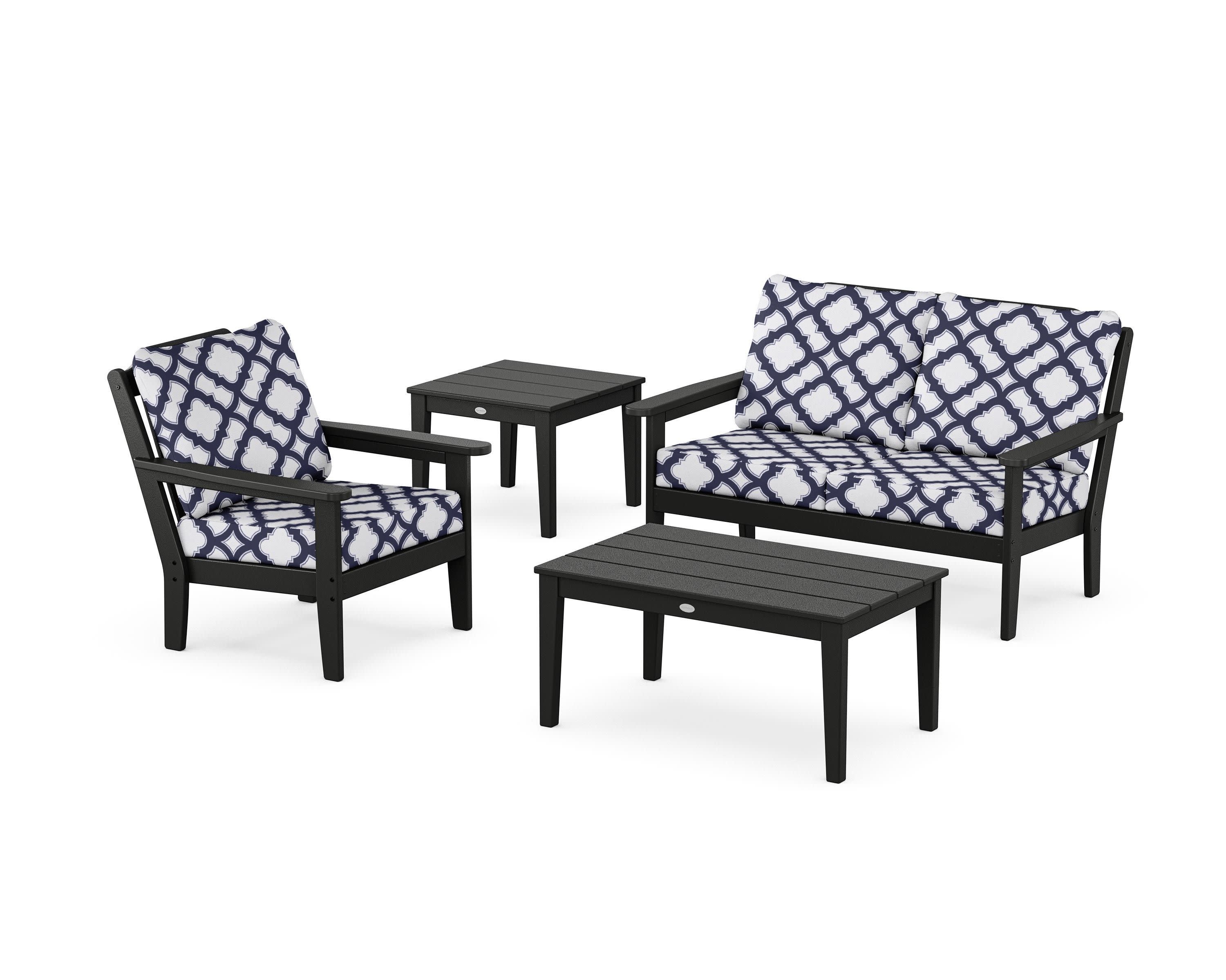 Wovendale 4-Piece Deep Seating Set in Black / Trellis Navy
