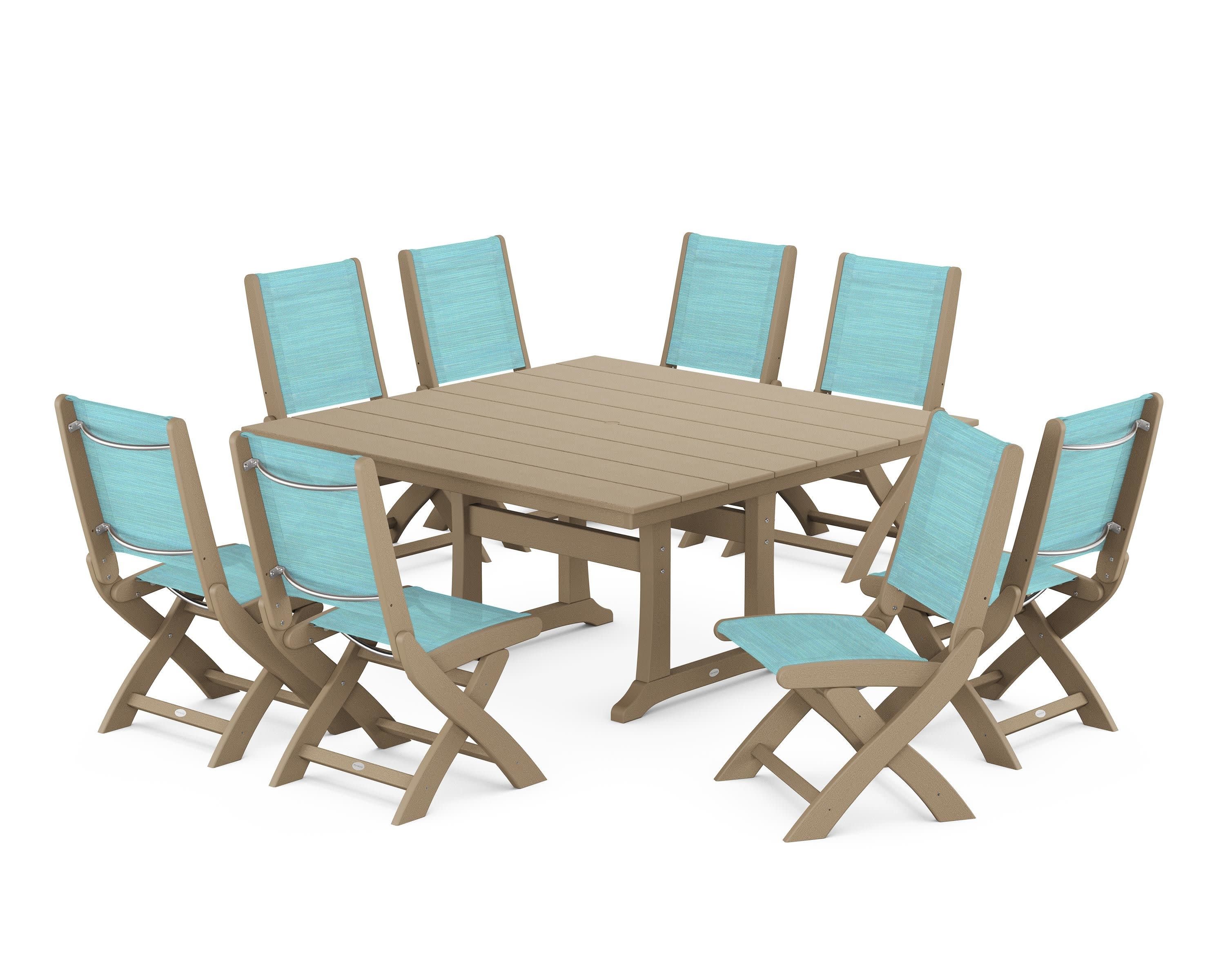 Coastal Folding Side Chair 9-Piece Farmhouse Dining Set in Vintage Sahara / Dupioni Aquamarine Sling