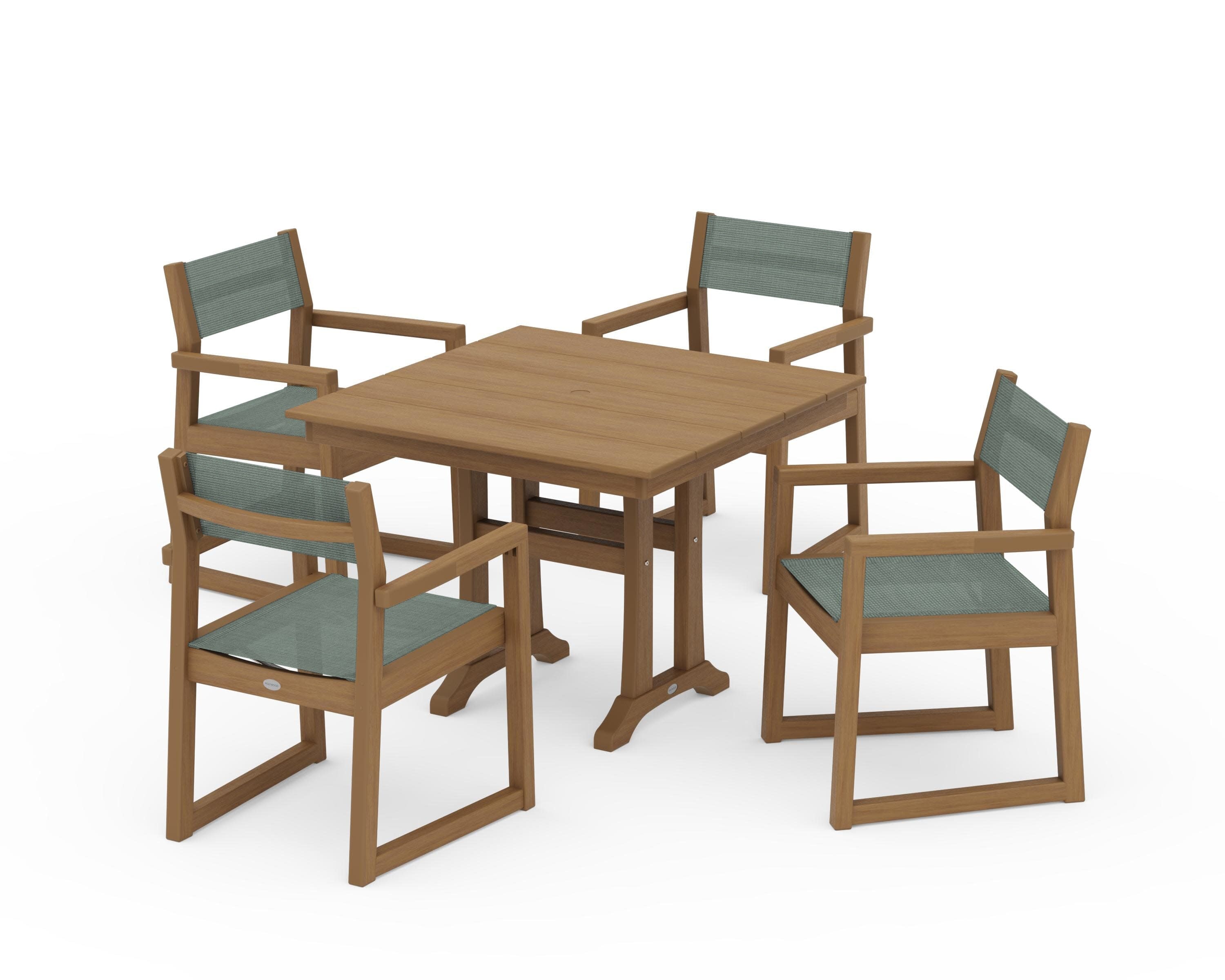 EDGE Sling 5-Piece Farmhouse Dining Set with Trestle Legs in Natural / Dupioni Sea Mist Sling