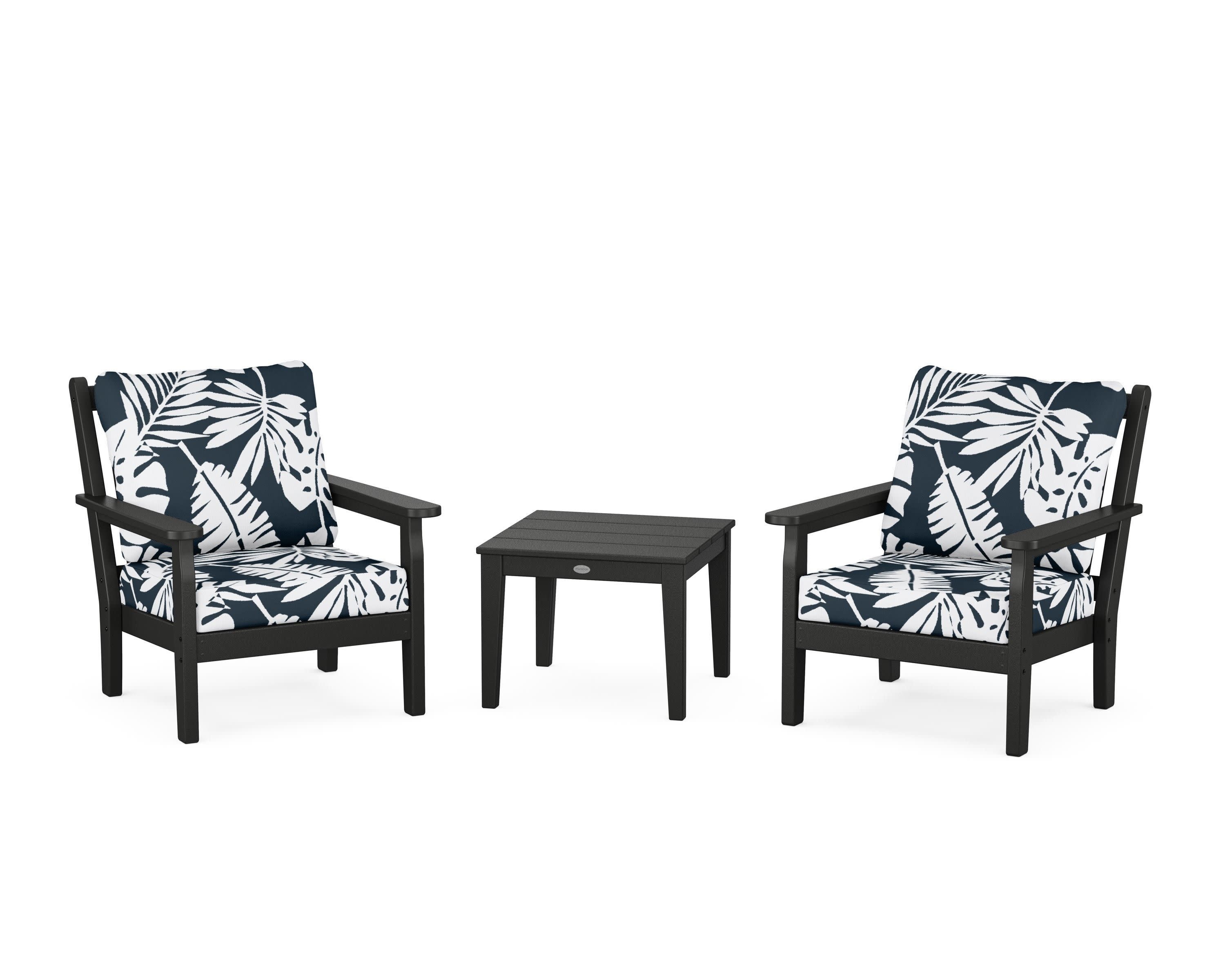 Chippendale 3-Piece Deep Seating Set in Black / Leaf Marine Indigo
