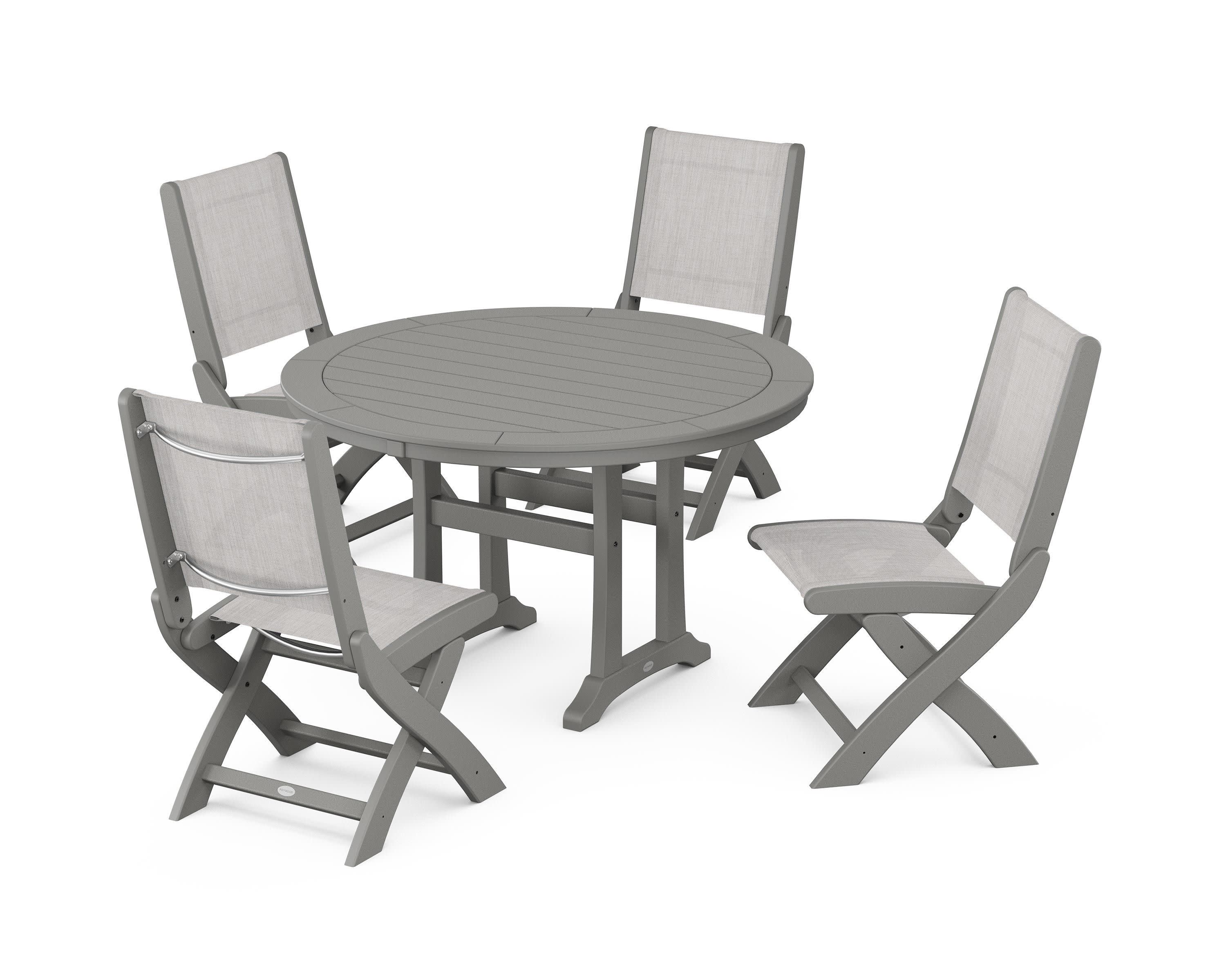 Coastal Folding Side Chair 5-Piece Round Dining Set With Trestle Legs in Slate Grey / Parchment Sling