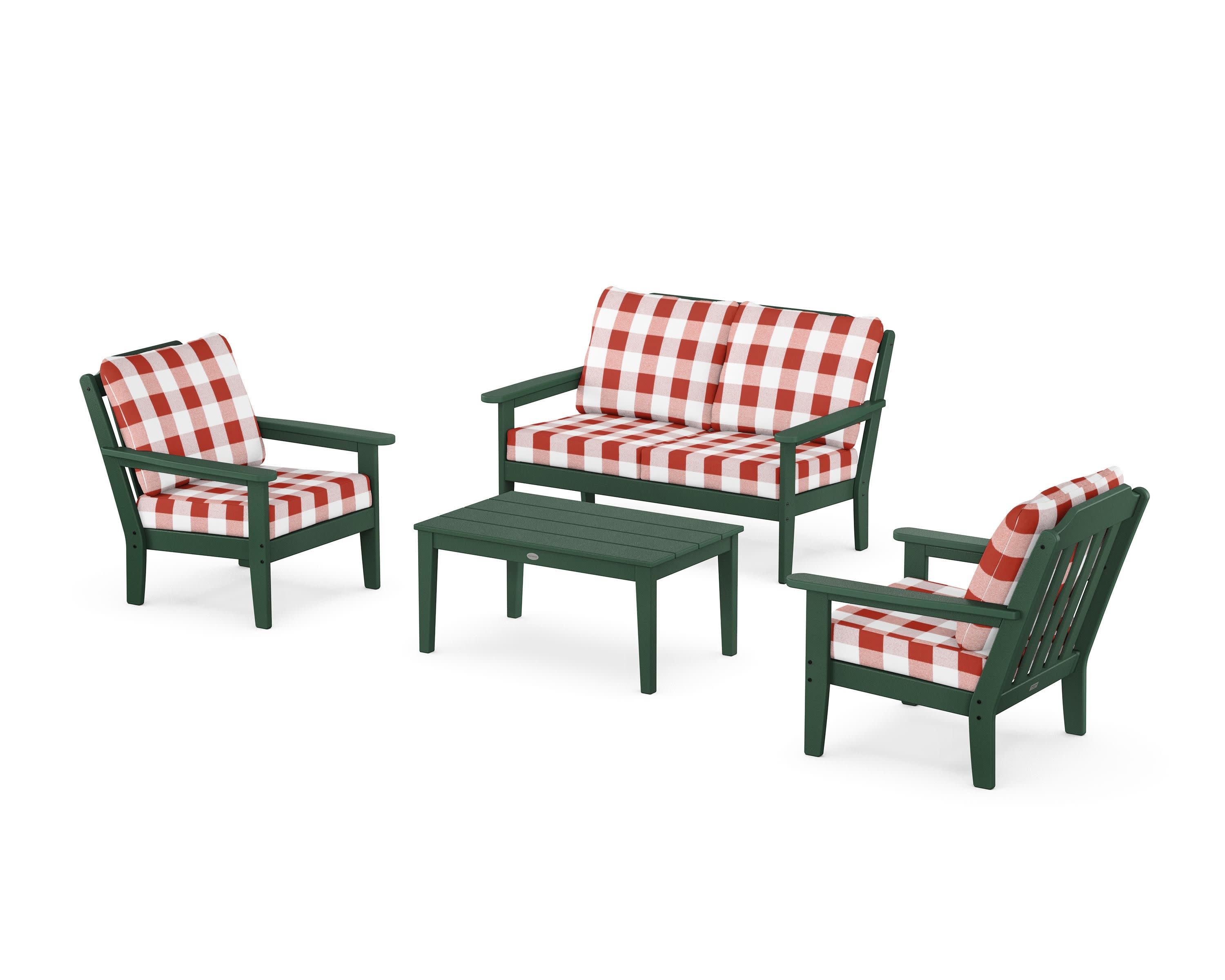 Cottage 4-Piece Deep Seating Set with Loveseat in Green / Buffalo Plaid Crimson
