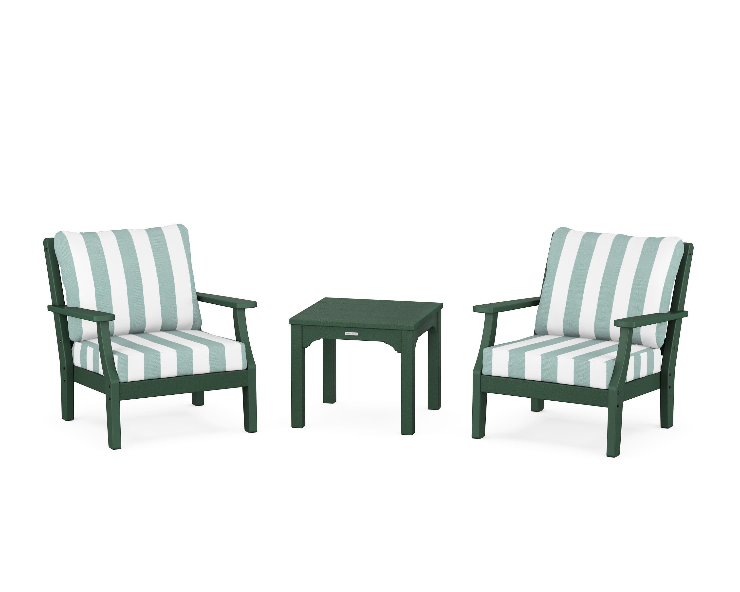 Chinoiserie 3-Piece Deep Seating Set in Green / Cabana Stripe Glacier Spa