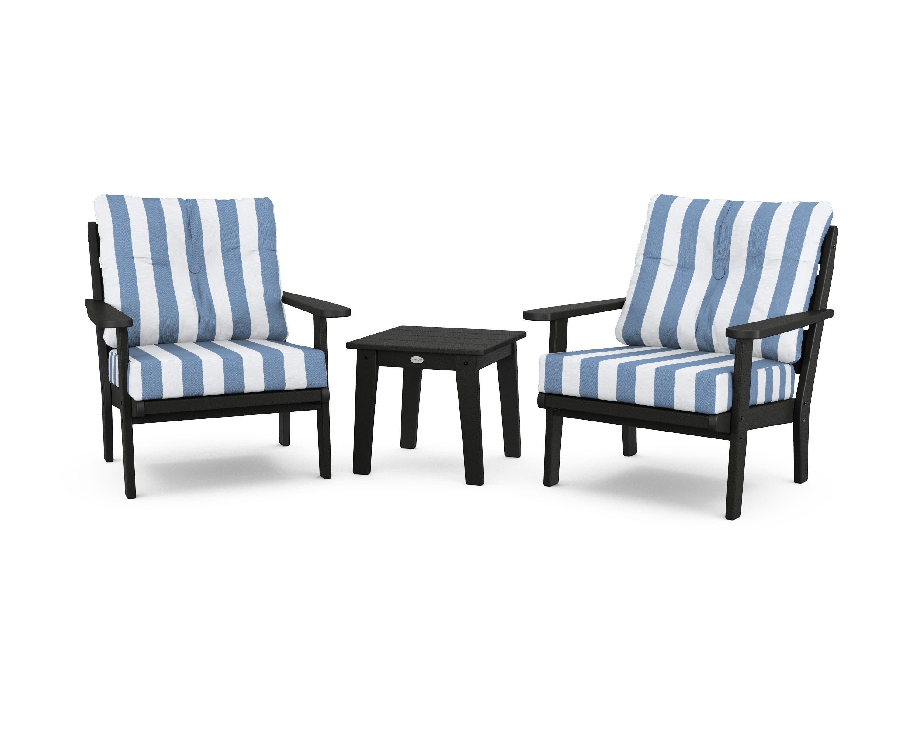 Lakeside 3-Piece Deep Seating Chair Set in Black / Cabana Stripe Sky Blue