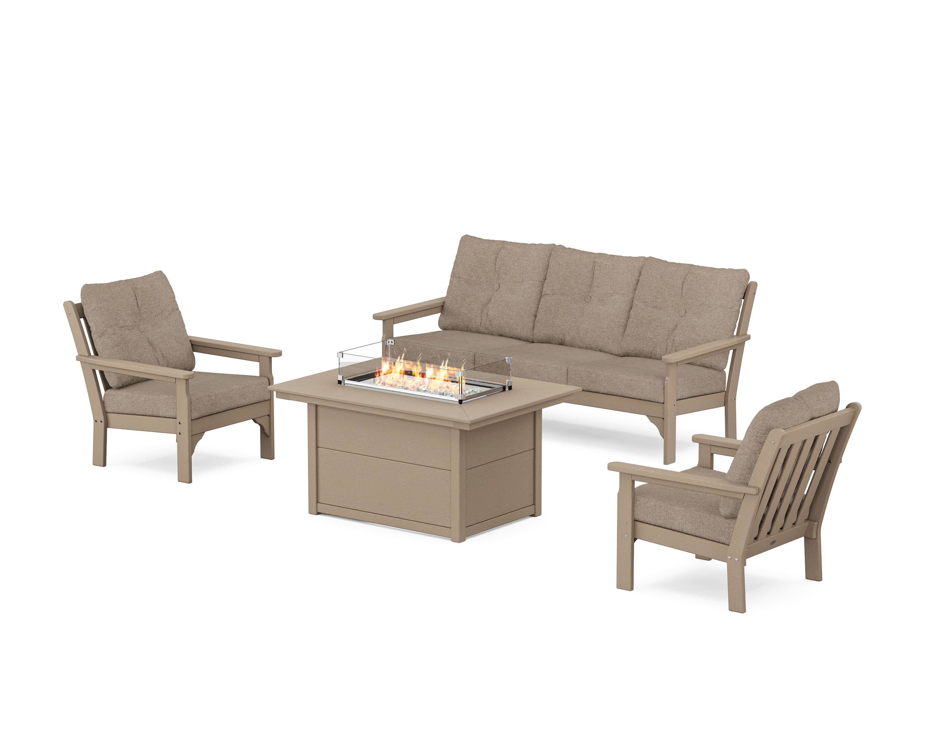 Vineyard Deep Seating Fire Pit Table Set in Vintage Sahara / Spiced Burlap