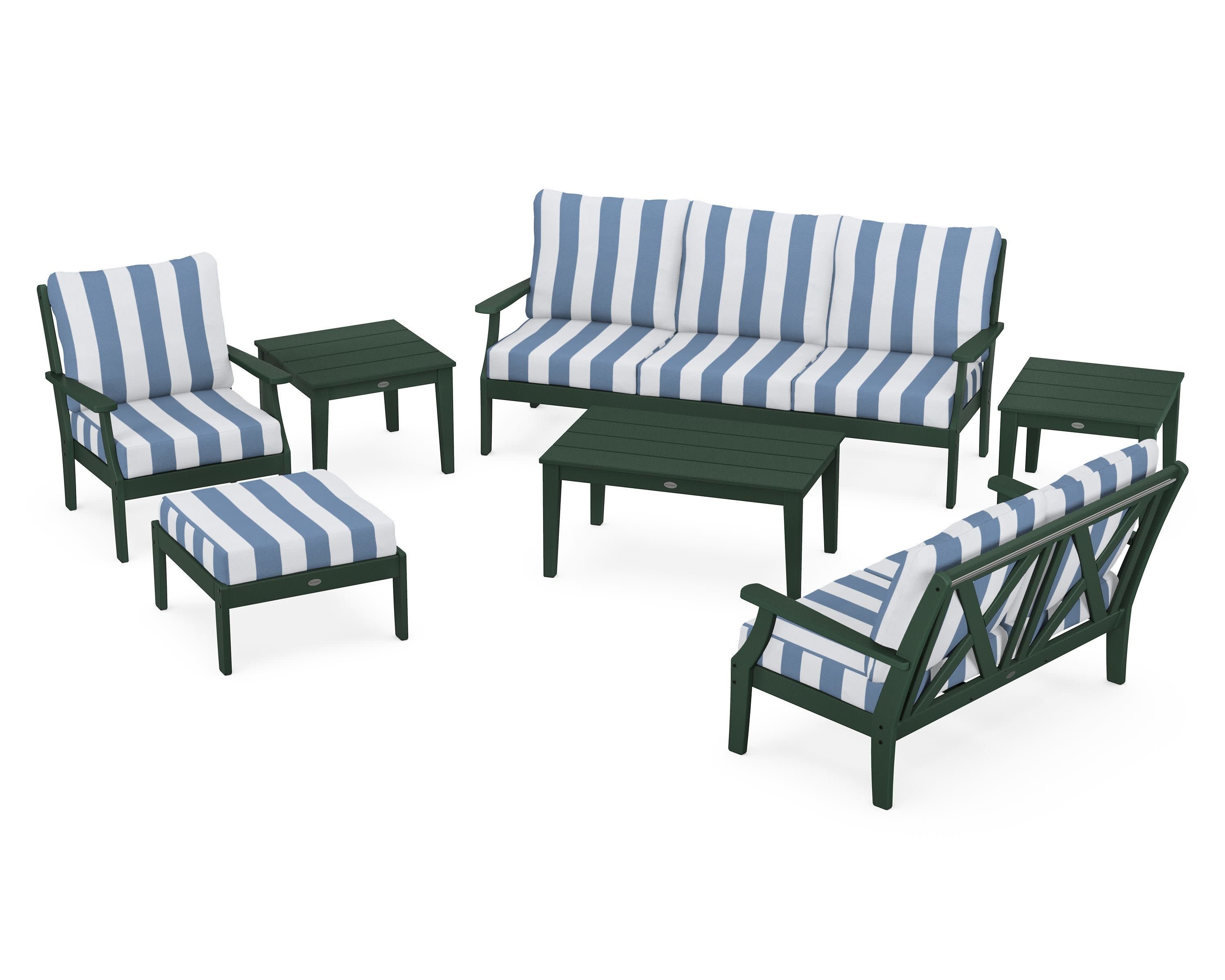 Braxton 7-Piece Deep Seating Set in Green / Cabana Stripe Sky Blue