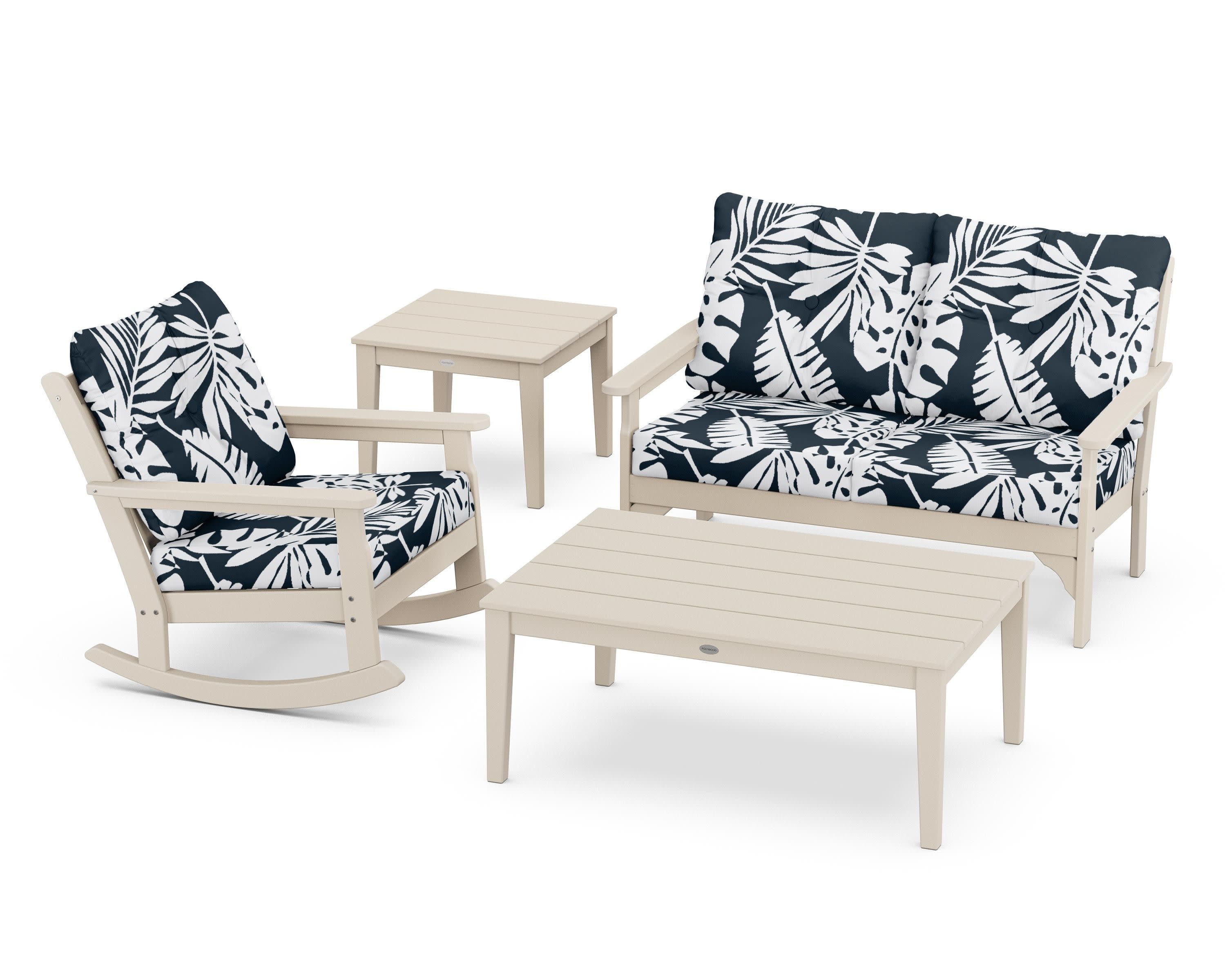 Vineyard 4-Piece Deep Seating Rocker Set in Sand / Leaf Marine Indigo