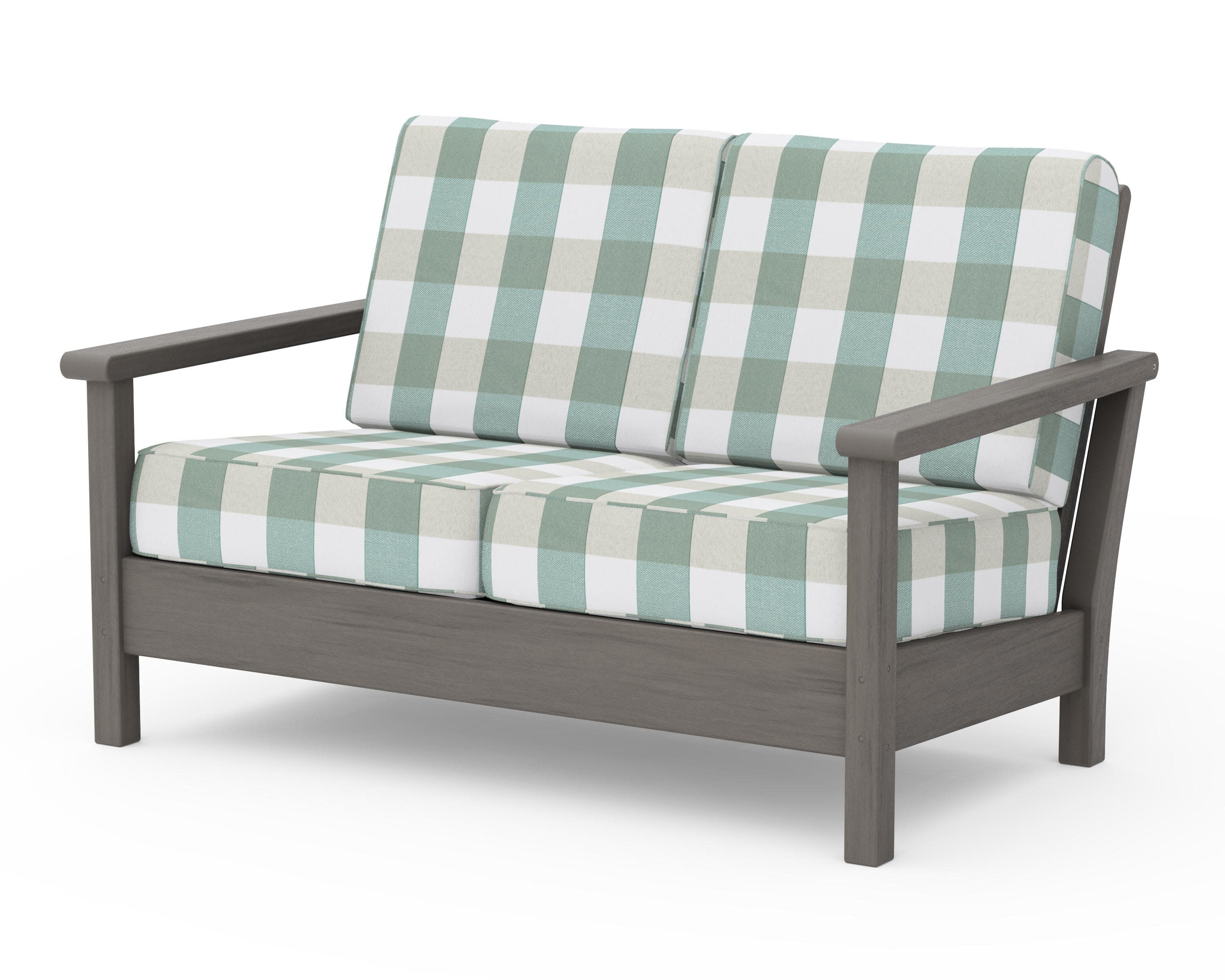 Harbour Deep Seating Loveseat in Driftwood / Buffalo Plaid Glacier Spa