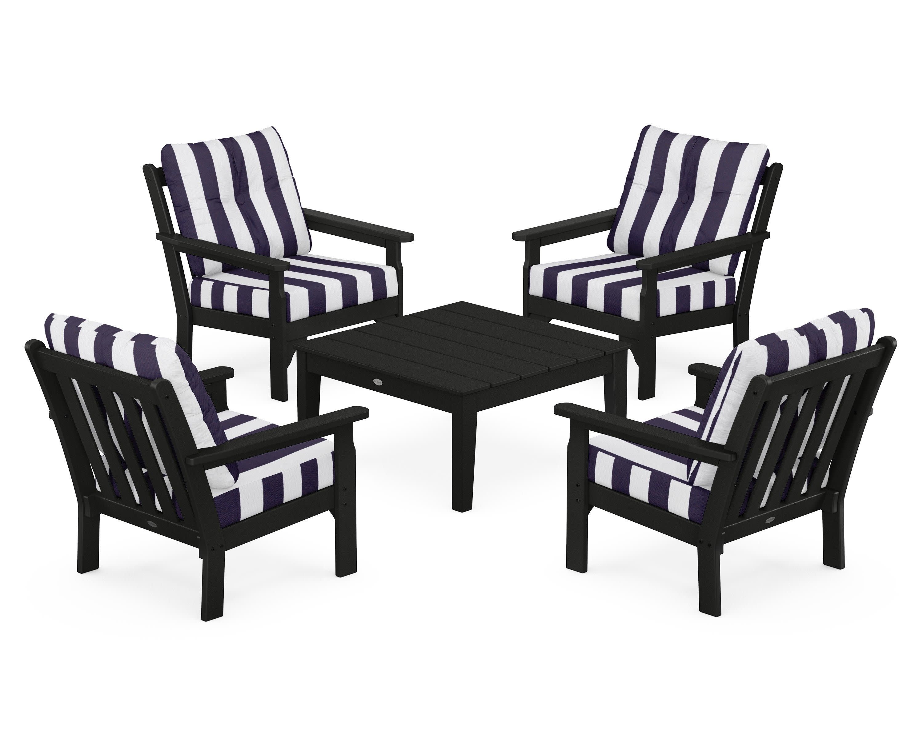 Vineyard 5-Piece Deep Seating Conversation Set in Black / Cabana Stripe Navy