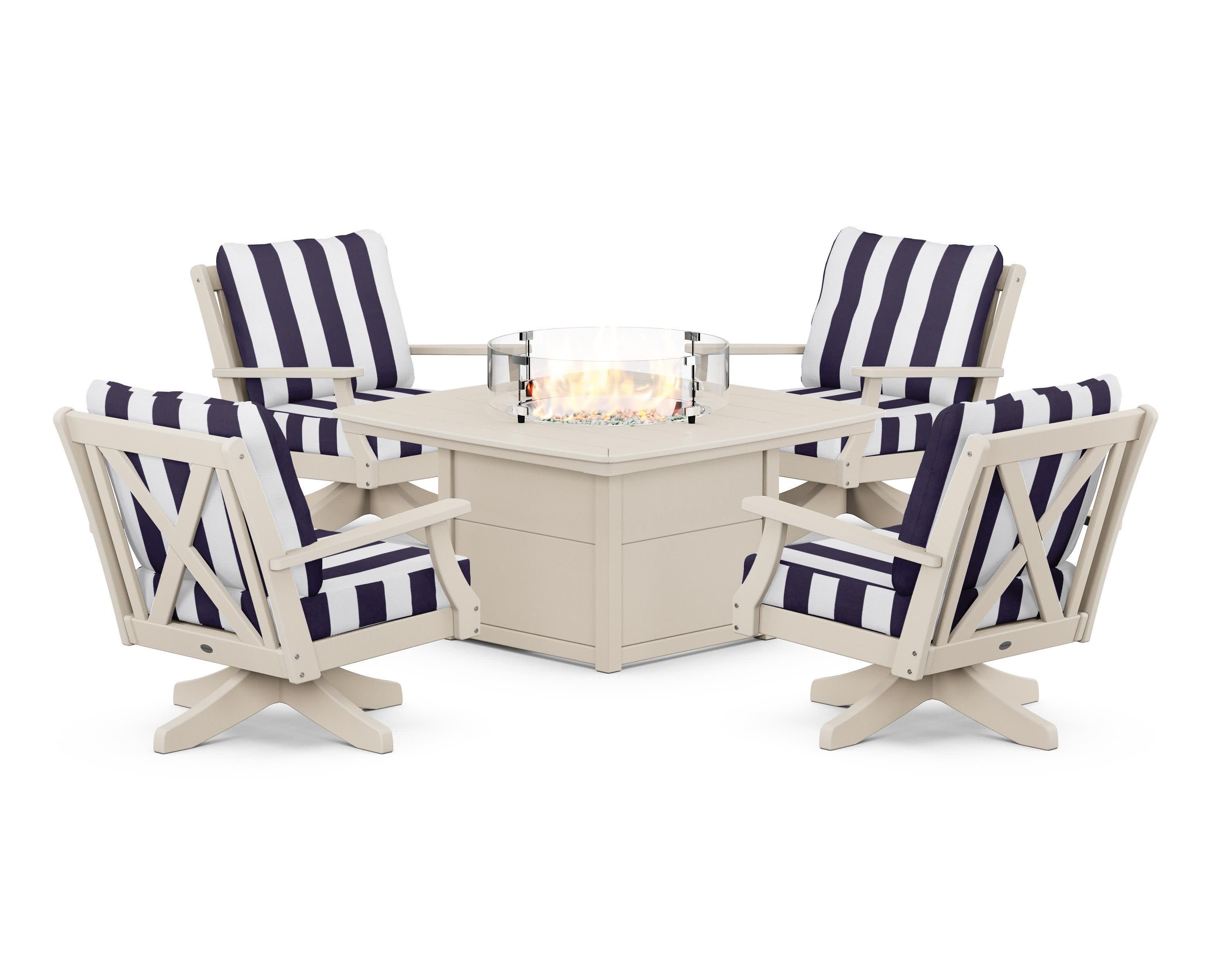 Braxton 5-Piece Deep Seating Swivel Conversation Set with Fire Pit Table in Sand / Cabana Stripe Navy