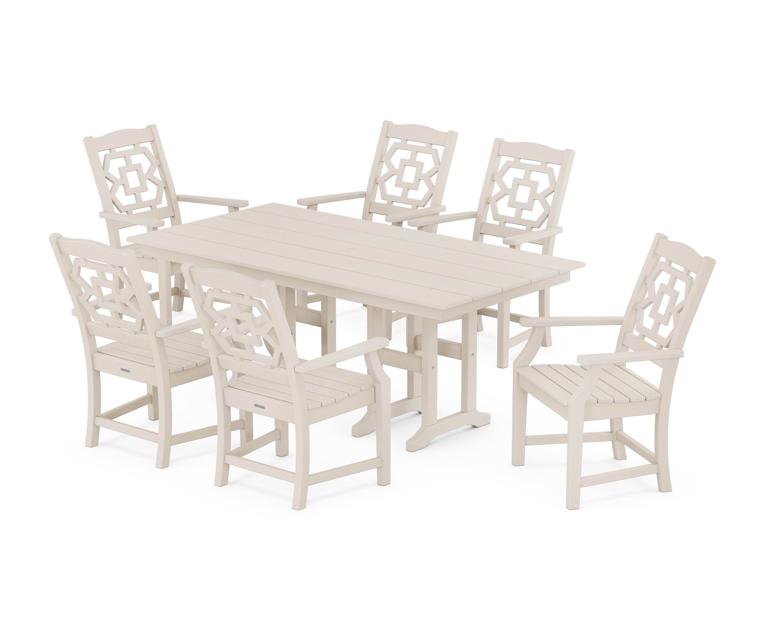 Chinoiserie Arm Chair 7-Piece Farmhouse Dining Set in Sand