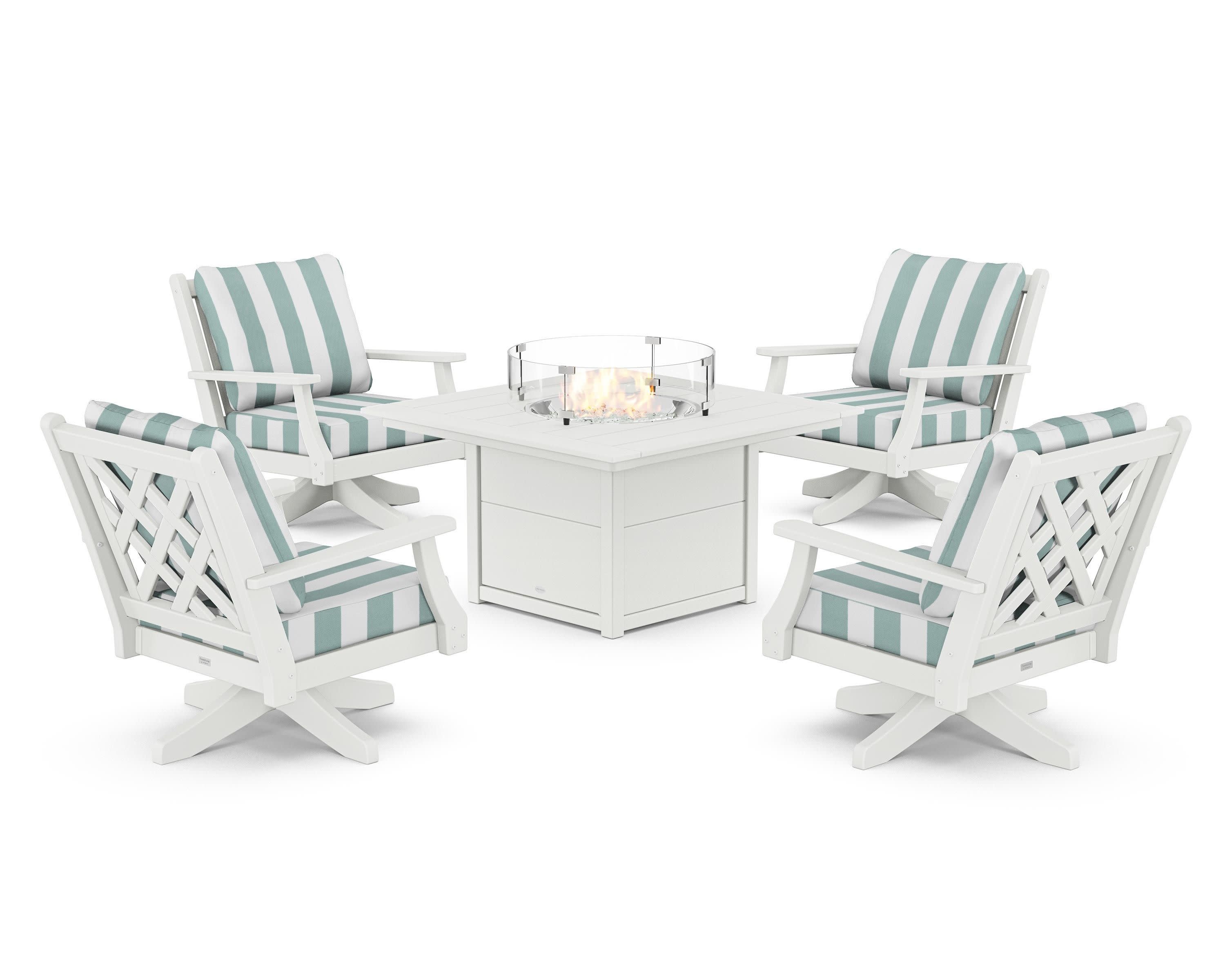 Wovendale 5-Piece Deep Seating Swivel Conversation Set with Fire Pit Table in White / Cabana Stripe Glacier Spa