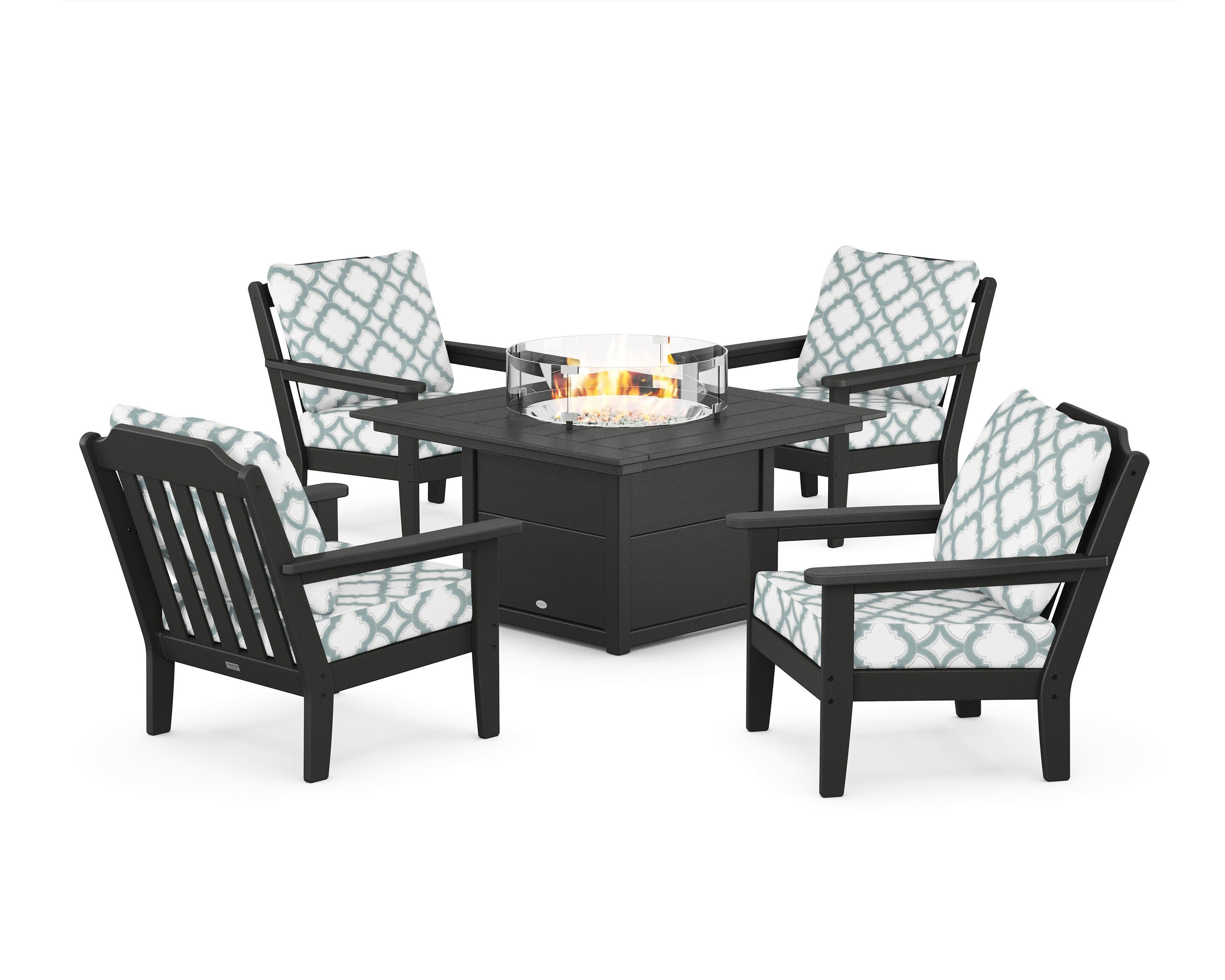 Cottage 5-Piece Deep Seating Set with Fire Pit Table in Black / Trellis Glacier Spa
