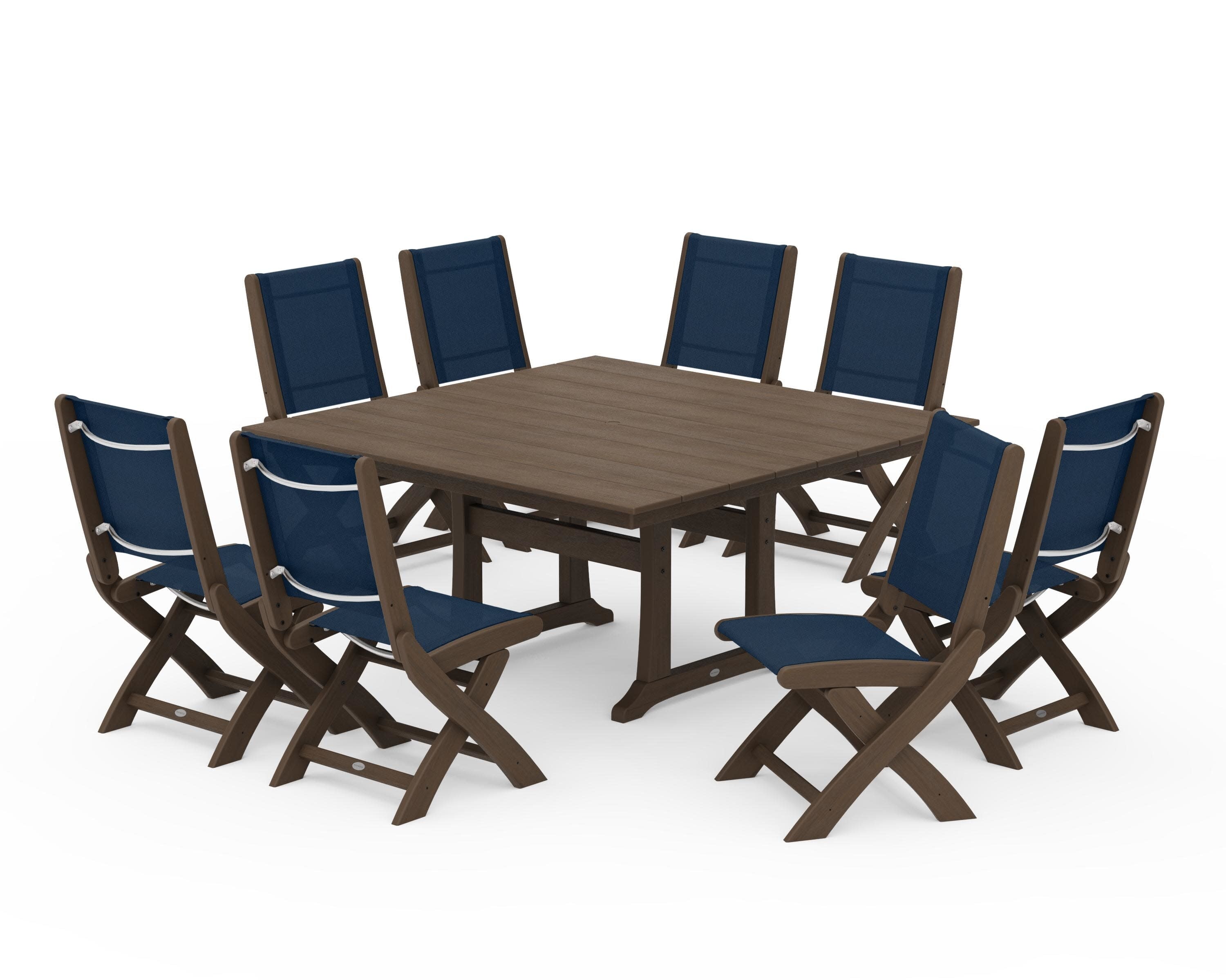 Coastal Folding Side Chair 9-Piece Dining Set with Trestle Legs in Kona / Navy Blue Sling