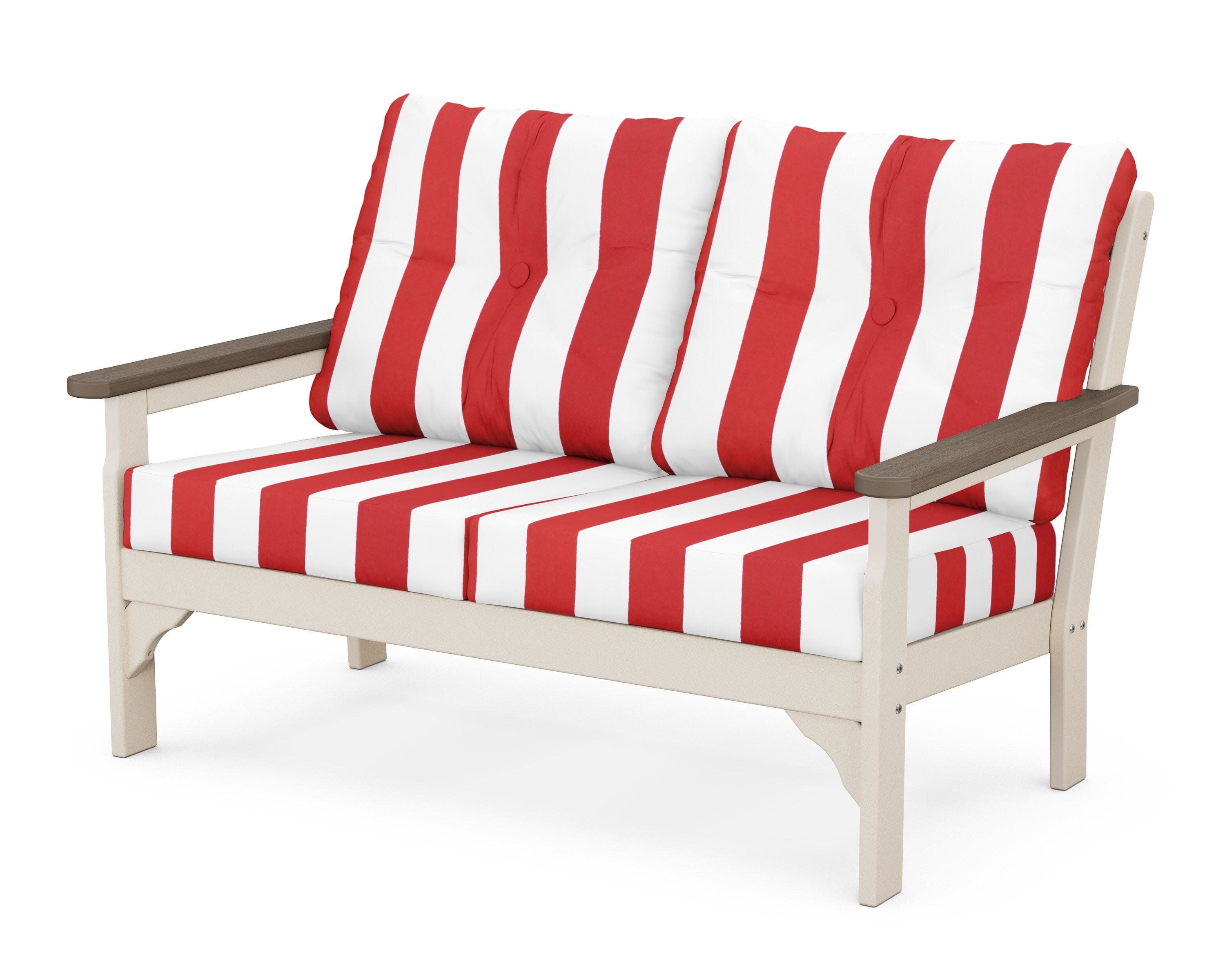 Vineyard Deep Seating Loveseat in Sand / Kona / Cabana Stripe Crimson