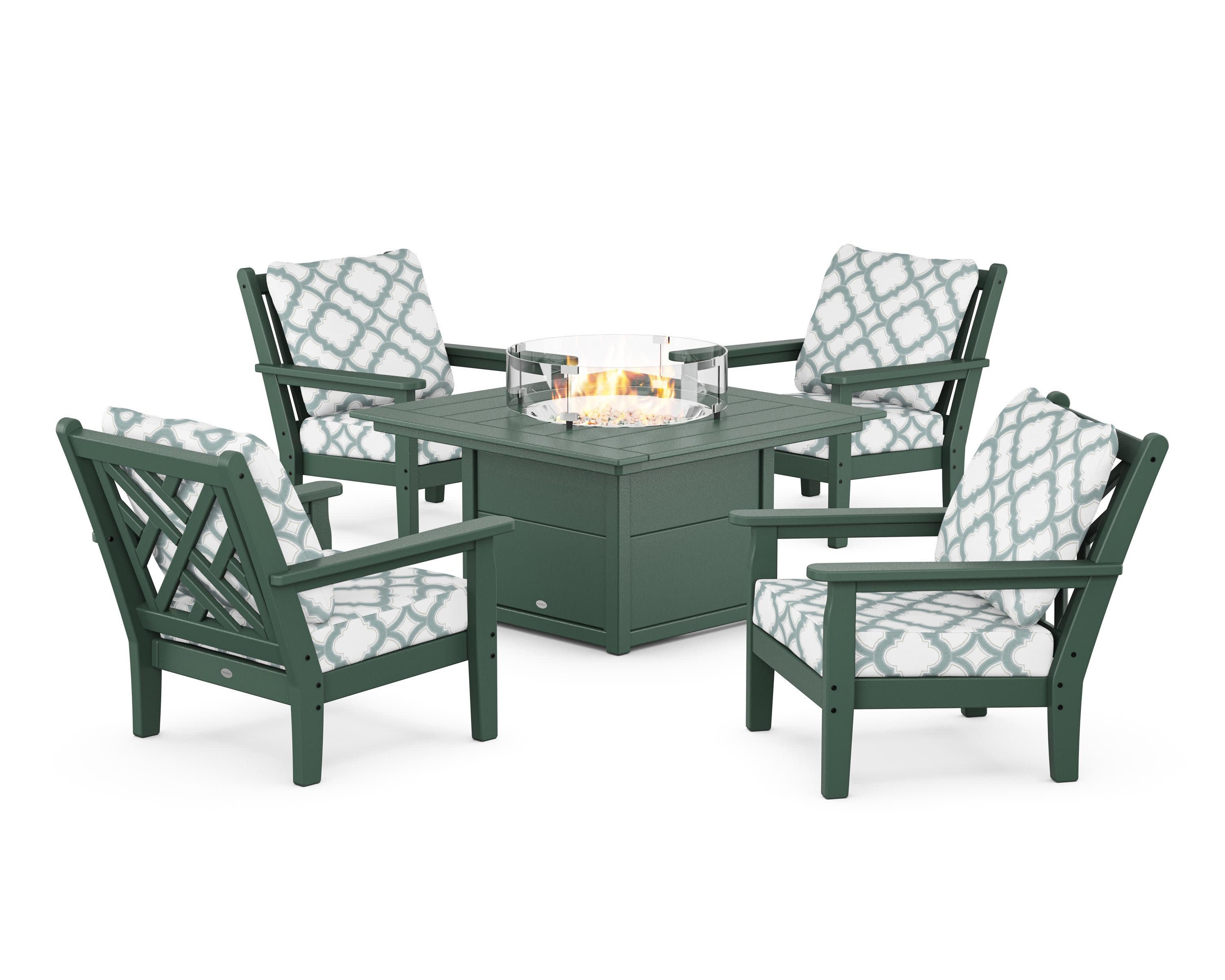 Chippendale 5-Piece Deep Seating Set with Fire Pit Table in Green / Trellis Glacier Spa