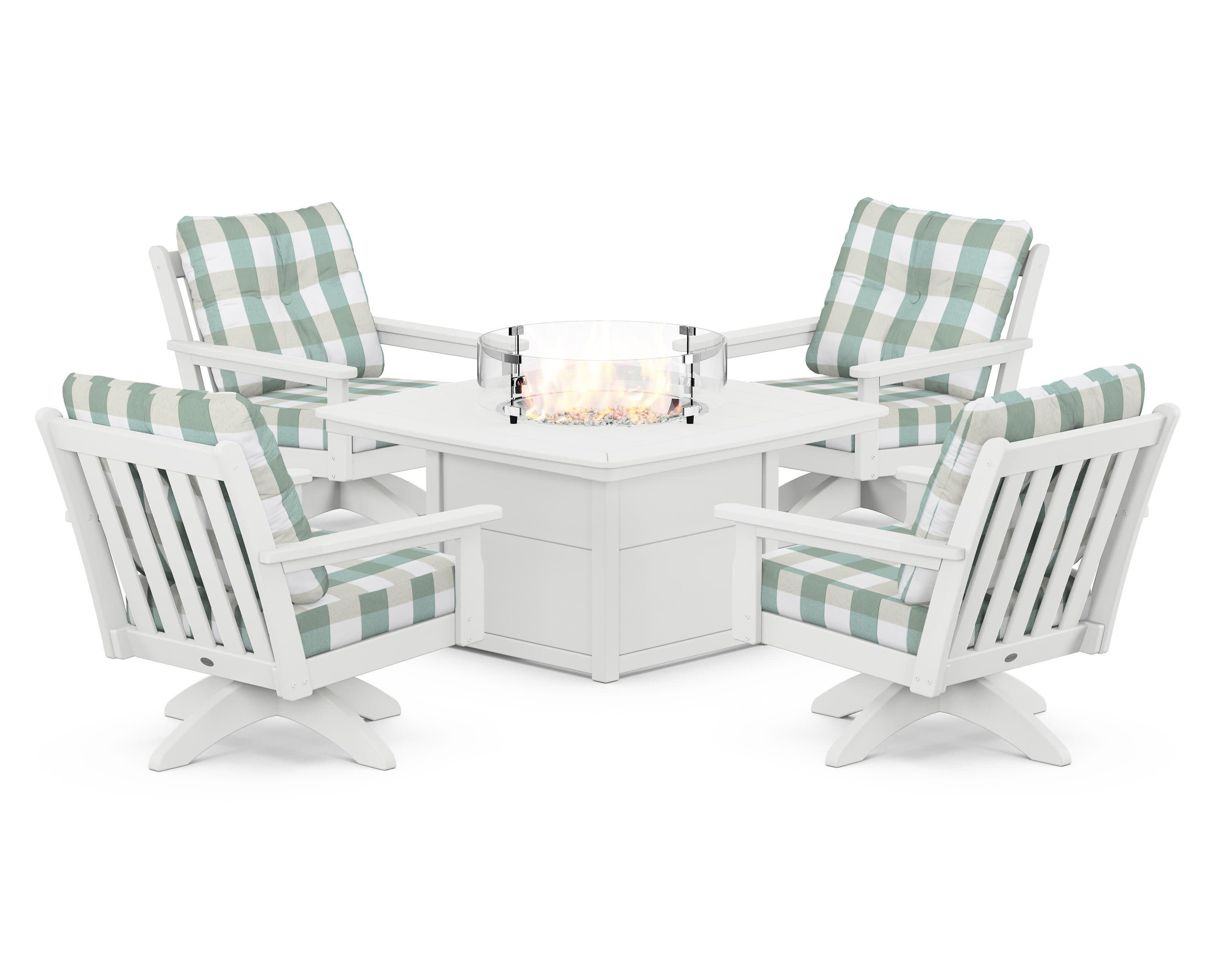 Vineyard 5-Piece Deep Seating Swivel Conversation Set with Fire Pit Table in White / Buffalo Plaid Glacier Spa