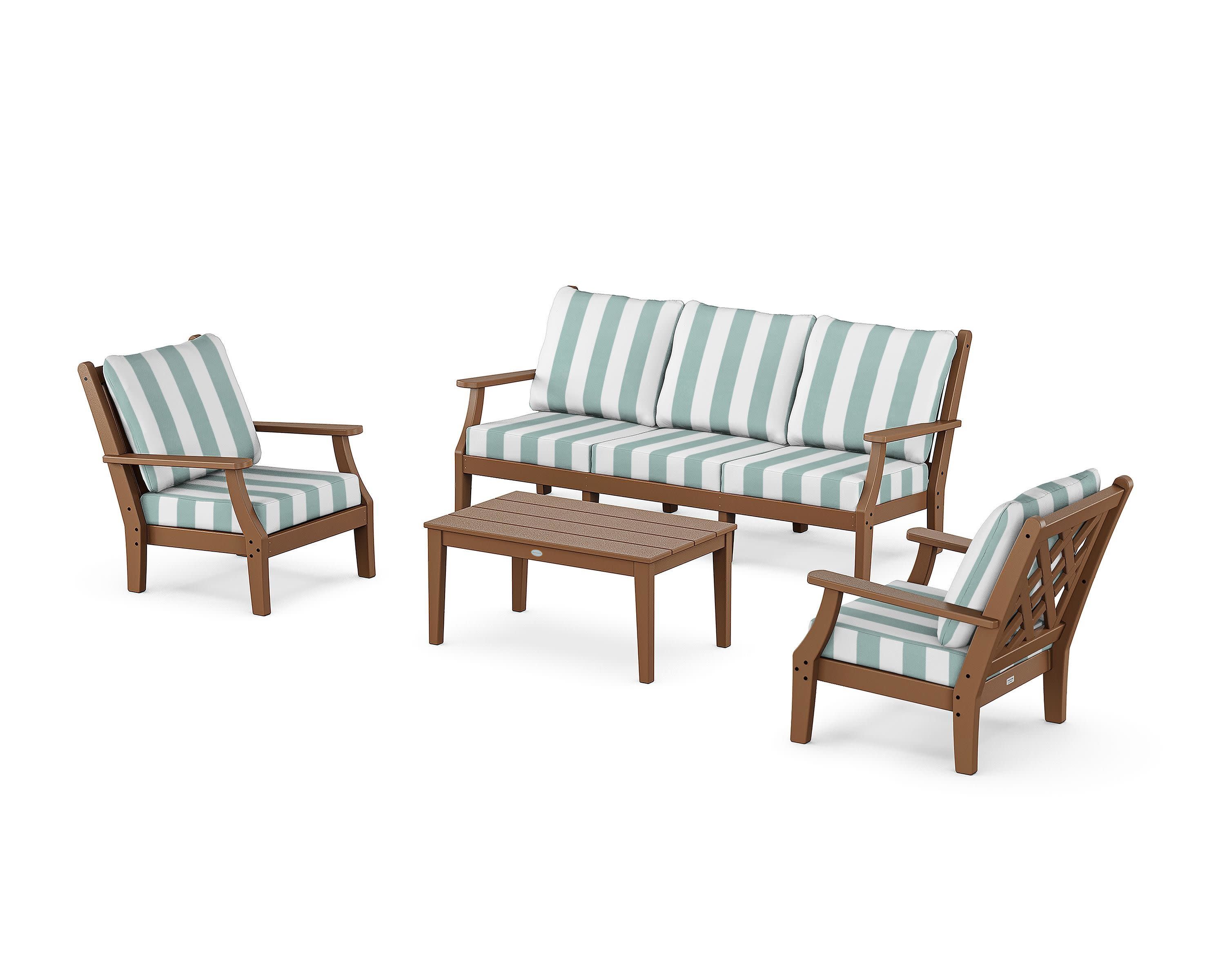 Wovendale 4-Piece Deep Seating Set with Sofa in Teak / Cabana Stripe Glacier Spa
