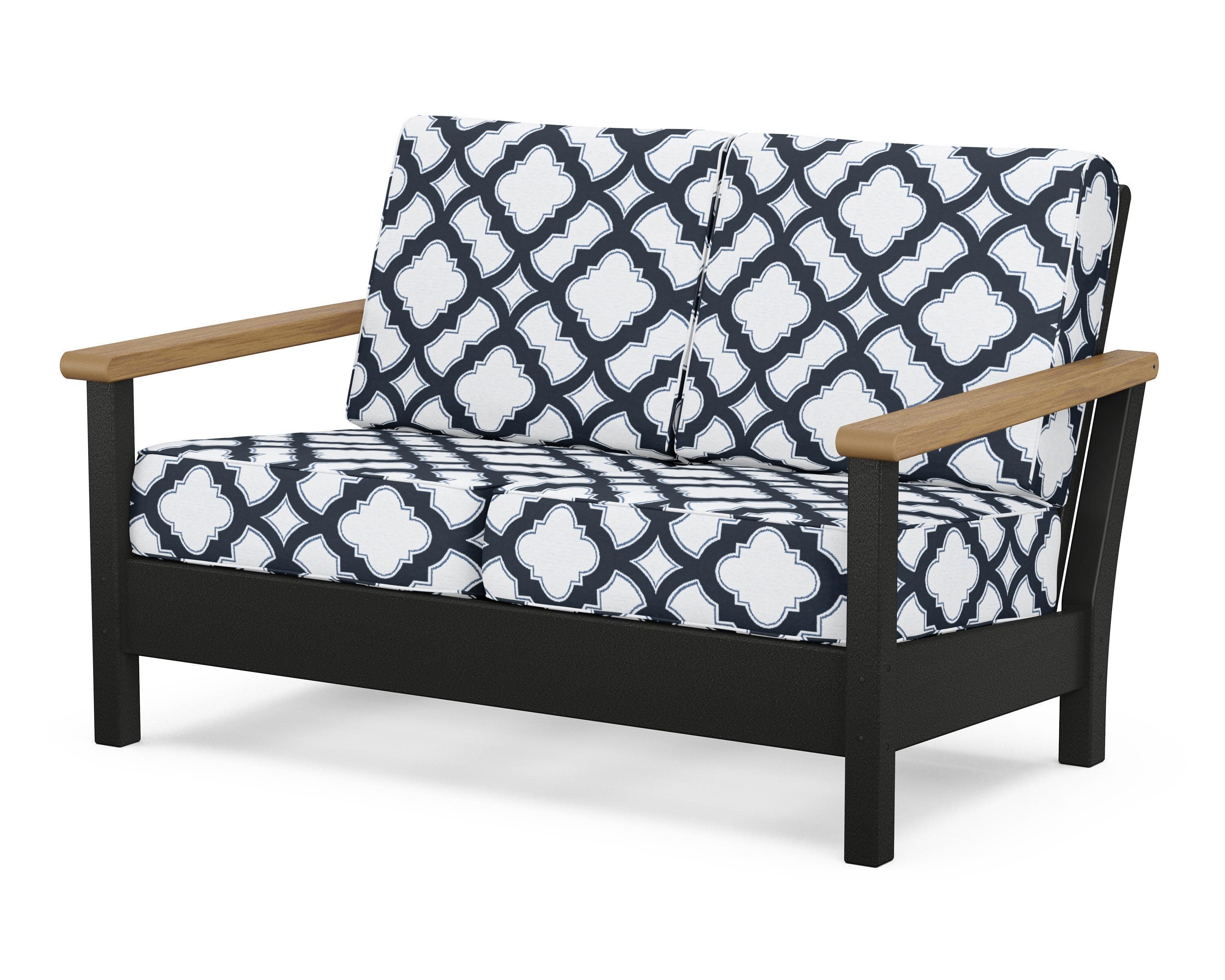 Harbour Deep Seating Loveseat in Black / Natural / Trellis Marine Indigo