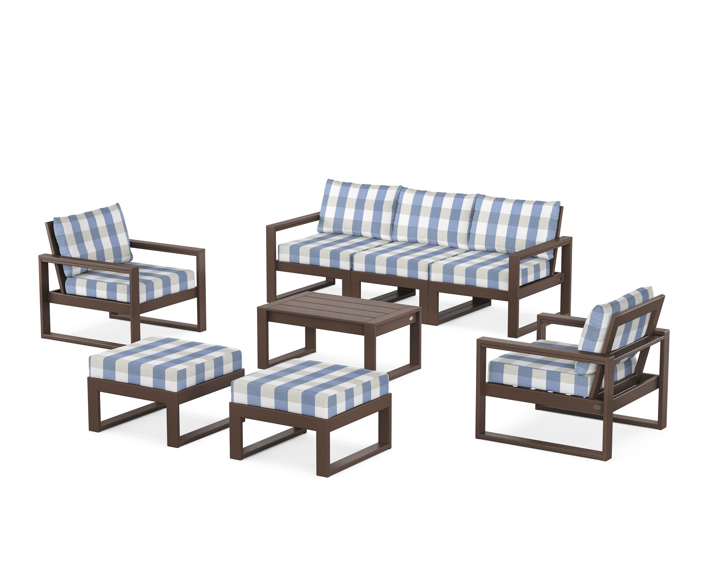 EDGE Sectional 8-Piece Lounge Sofa Set in Mahogany / Buffalo Plaid Sky Blue