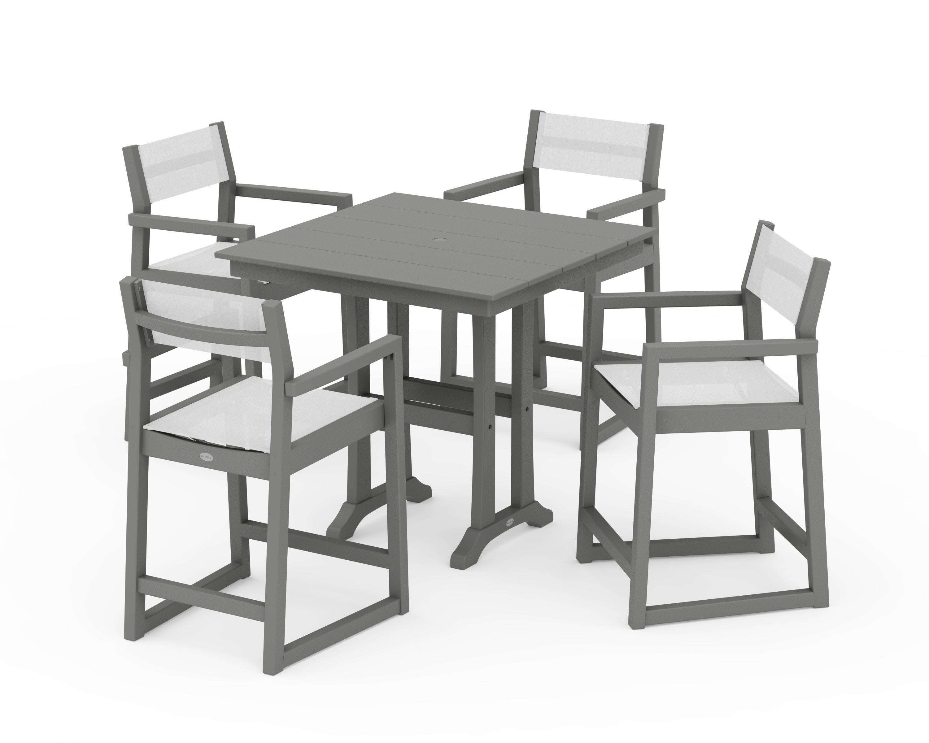 EDGE Sling Arm Chair 5-Piece Farmhouse Counter Set with Trestle Legs in Slate Grey / White Sling