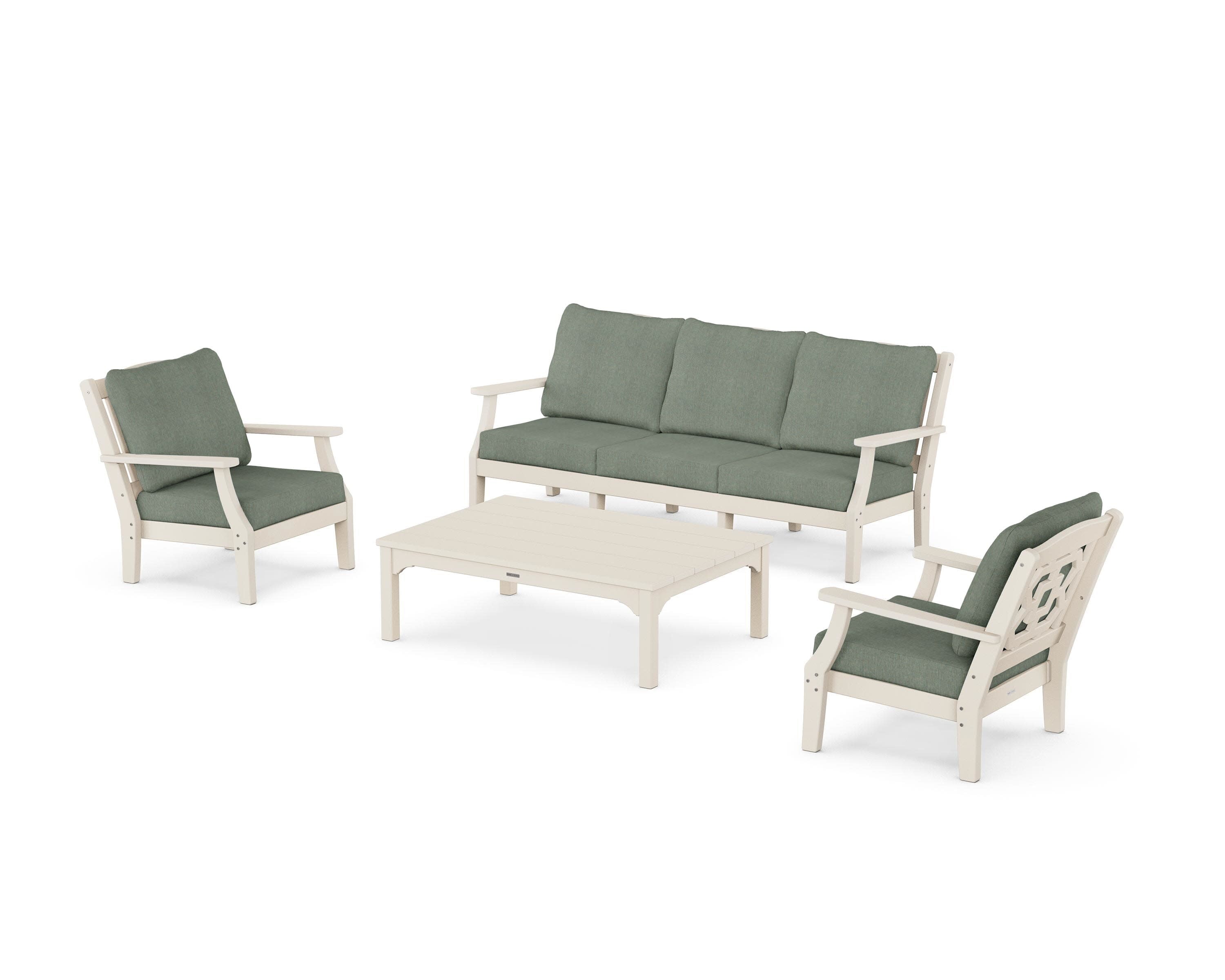 Chinoiserie 4-Piece Deep Seating Set with Sofa in Sand / Cast Sage