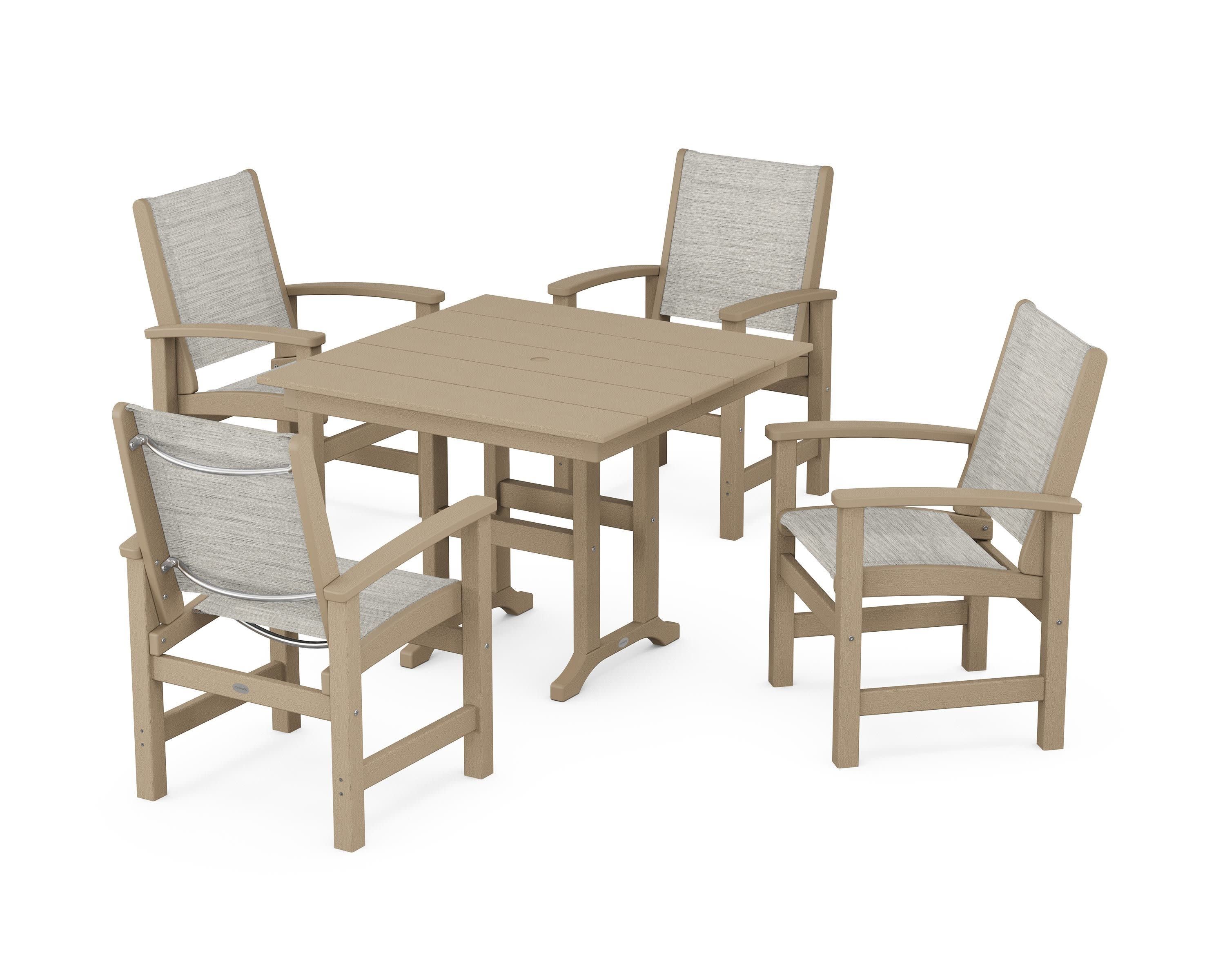 Coastal 5-Piece Farmhouse Dining Set in Vintage Sahara / Birch Sling
