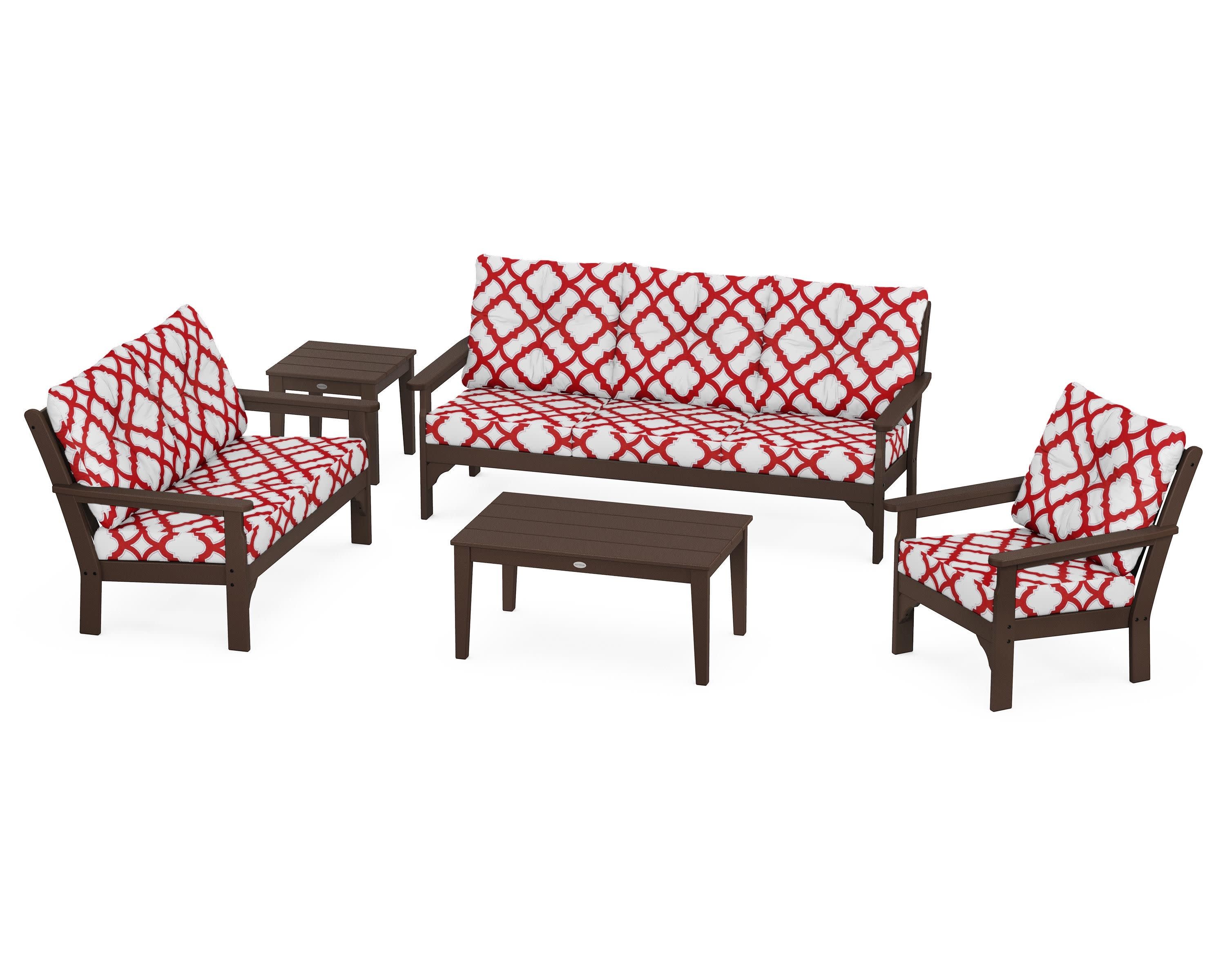 Vineyard 5 Piece Deep Seating Set in Mahogany / Trellis Crimson