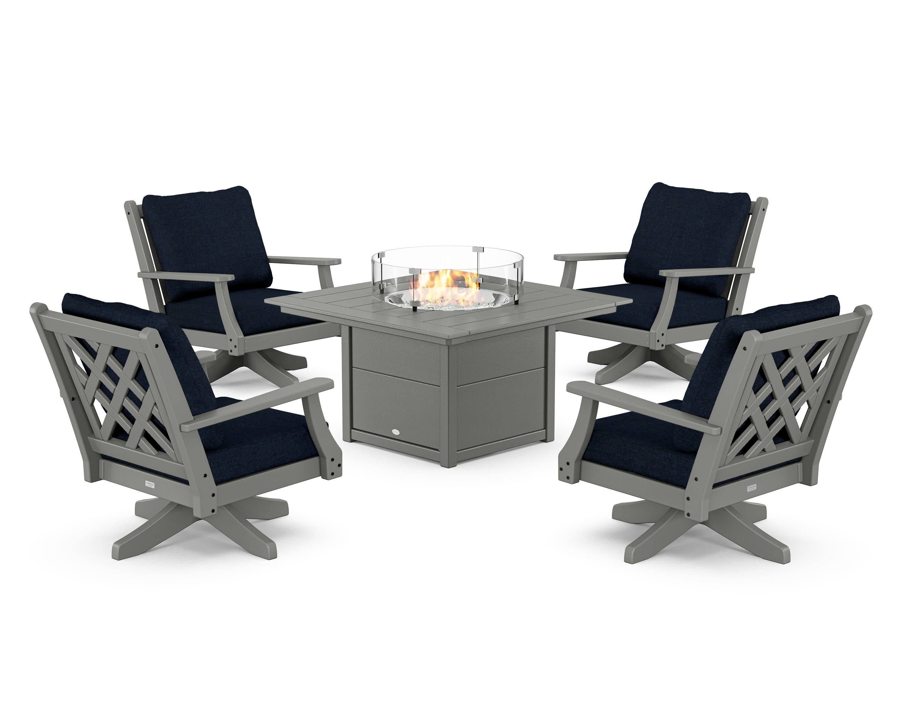 Wovendale 5-Piece Deep Seating Swivel Conversation Set with Fire Pit Table in Slate Grey / Marine Indigo