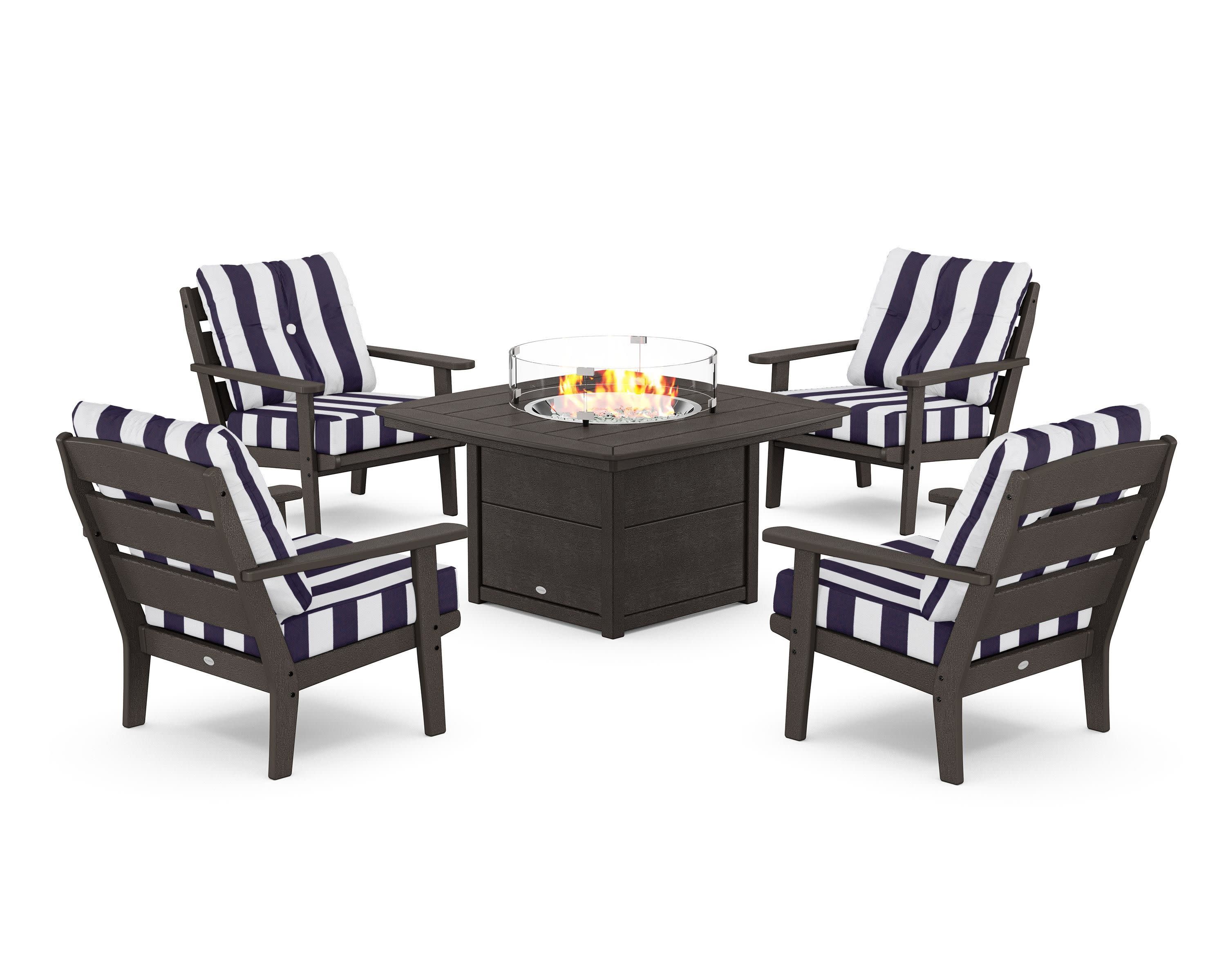 Lakeside 5-Piece Deep Seating Set with Nautical Fire Pit Table in Vintage Coffee / Cabana Stripe Navy