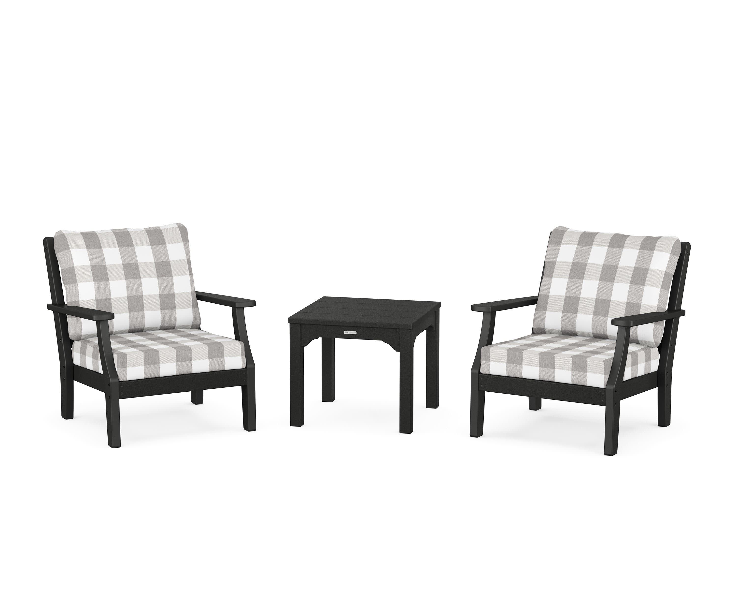 Chinoiserie 3-Piece Deep Seating Set in Black / Buffalo Plaid Grey Mist