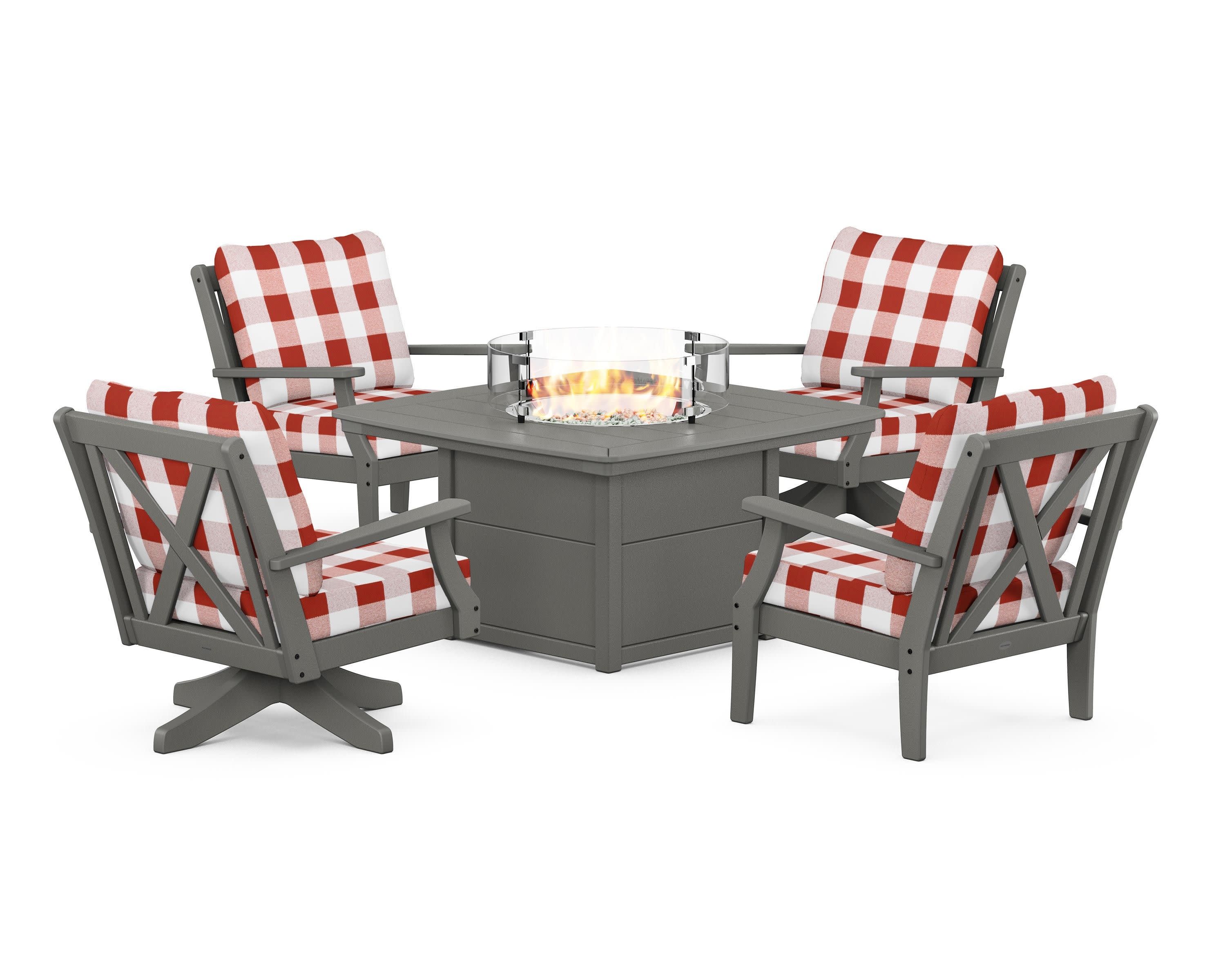 Braxton 5-Piece Deep Seating Set with Fire Table in Slate Grey / Buffalo Plaid Crimson