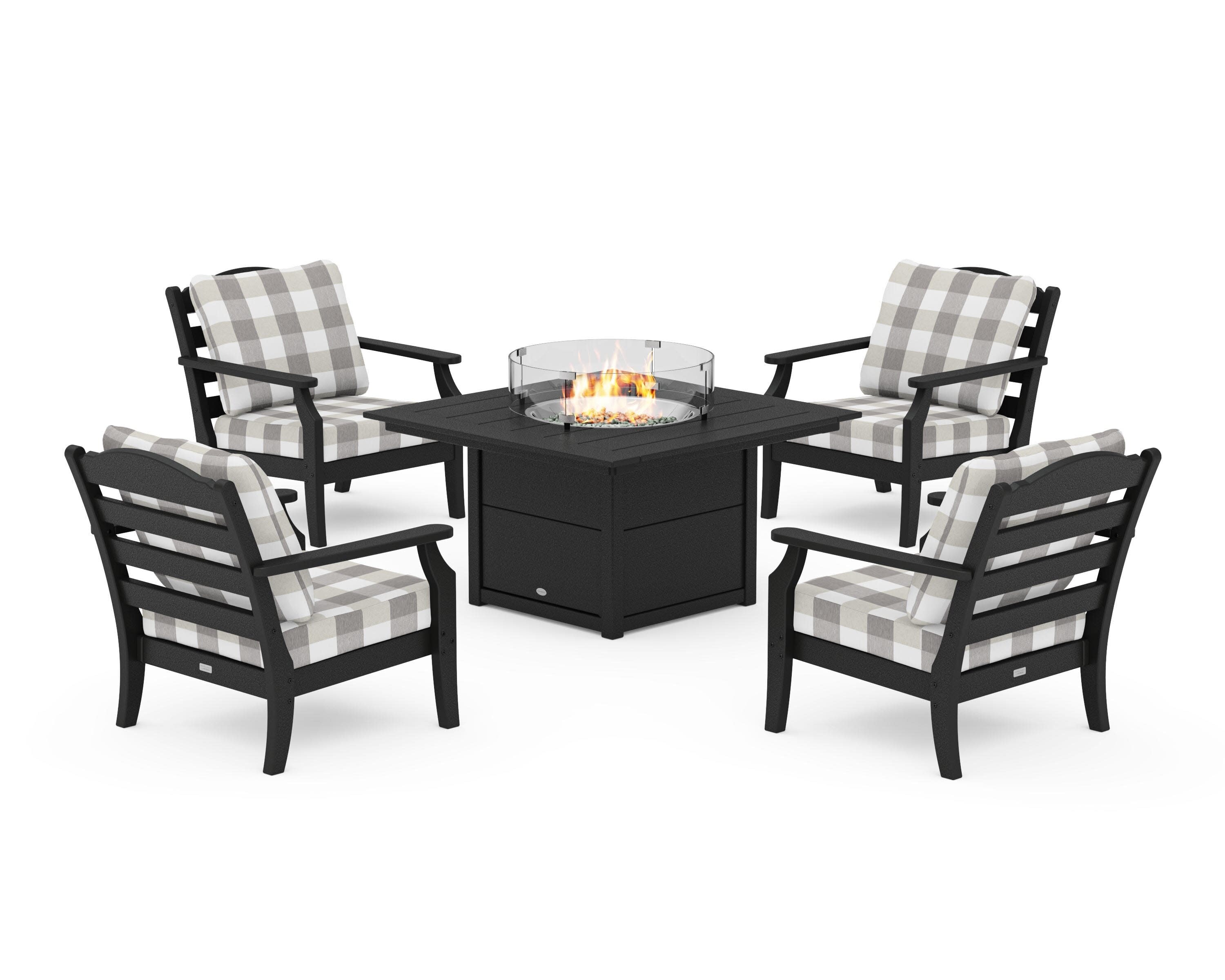 Savannah 5-Piece Deep Seating Set with Fire Pit Table in Black / Buffalo Plaid Grey Mist