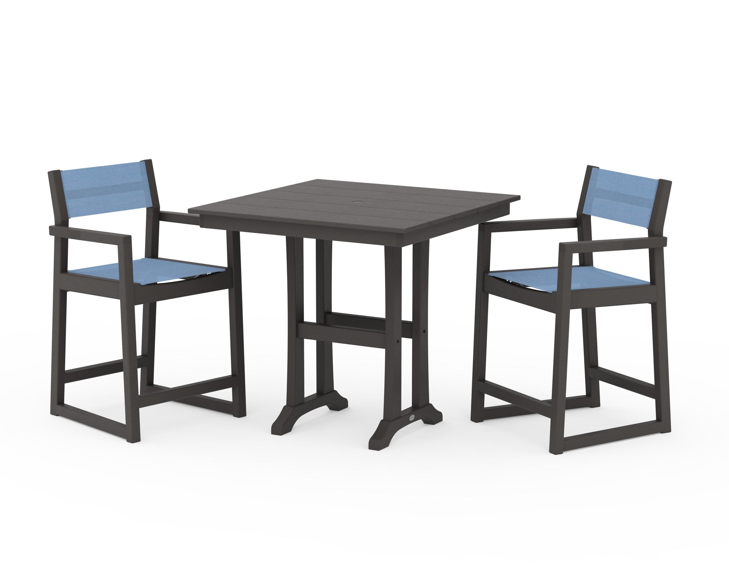 EDGE Sling Arm Chair 3-Piece Farmhouse Counter Set with Trestle Legs in Vintage Coffee / Poolside Sling