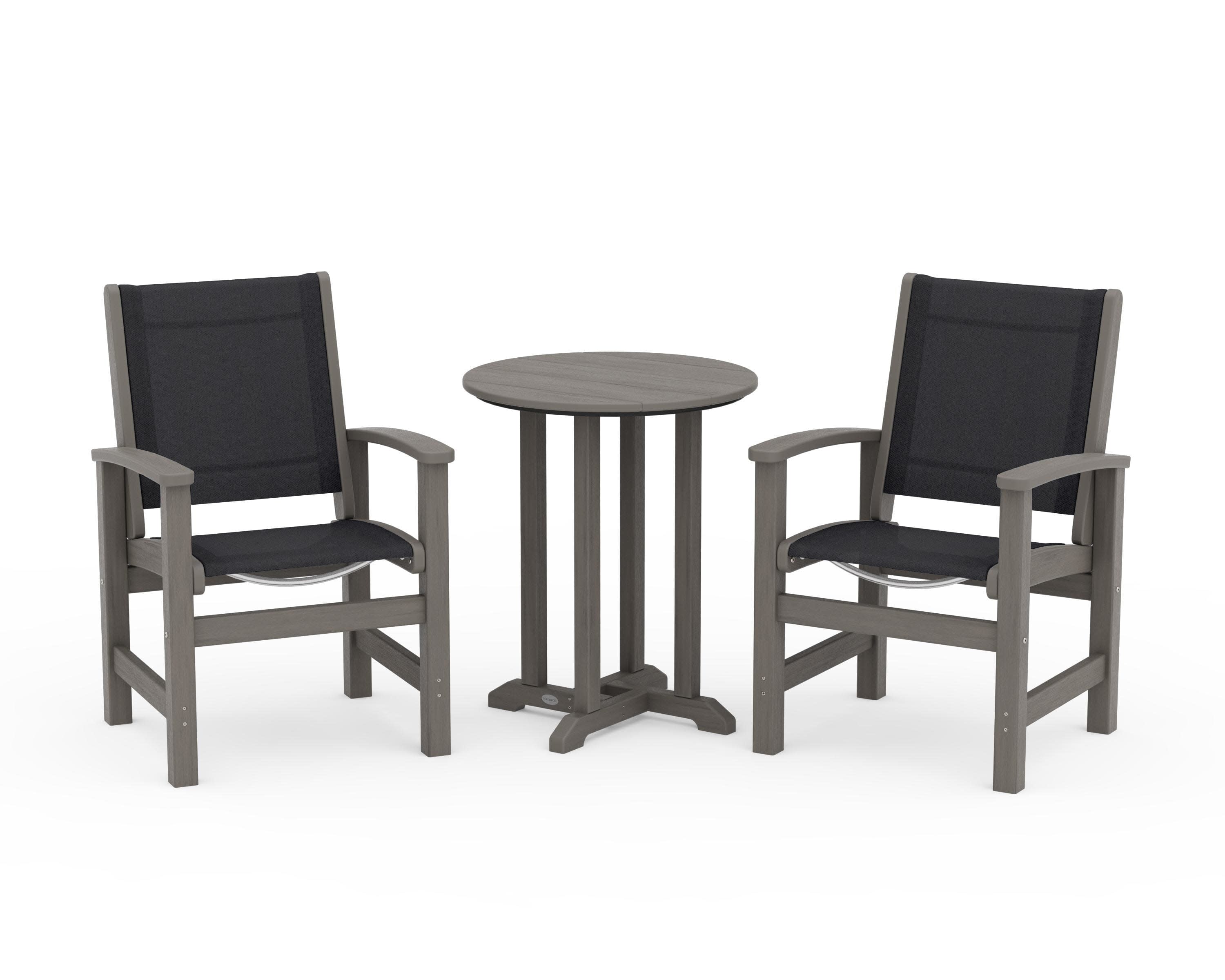 Coastal 3-Piece Round Bistro Dining Set in Driftwood / Black Sling