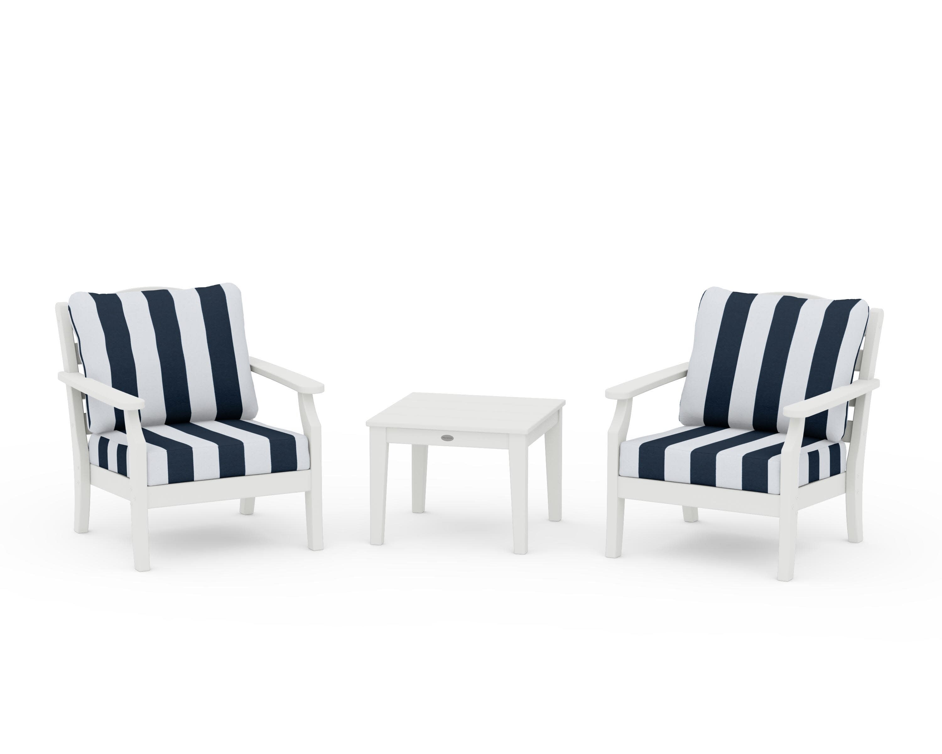 Savannah 3-Piece Deep Seating Set in Vintage White / Cabana Stripe Marine Indigo