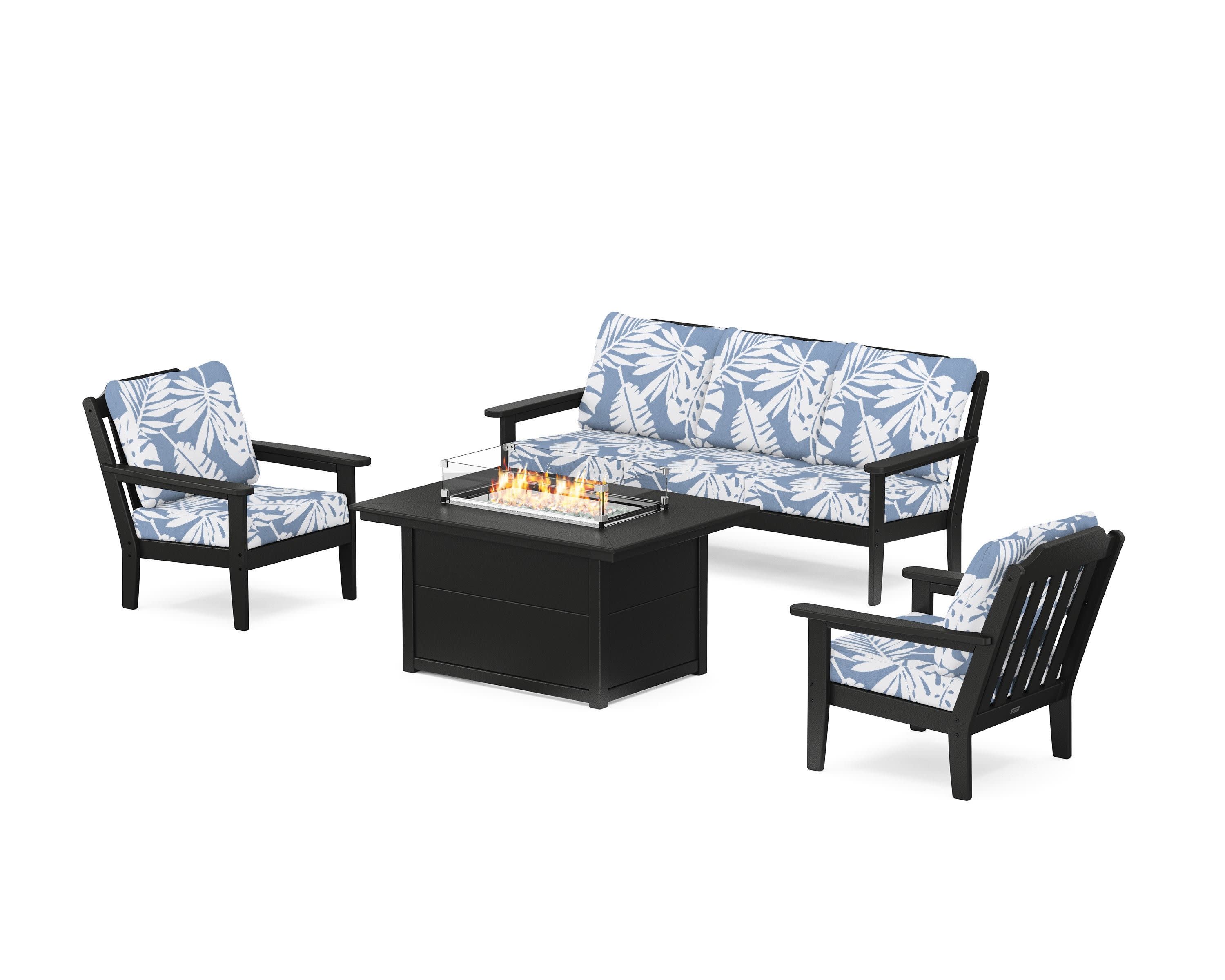 Cottage Deep Seating Fire Pit Table Set in Black / Leaf Sky Blue