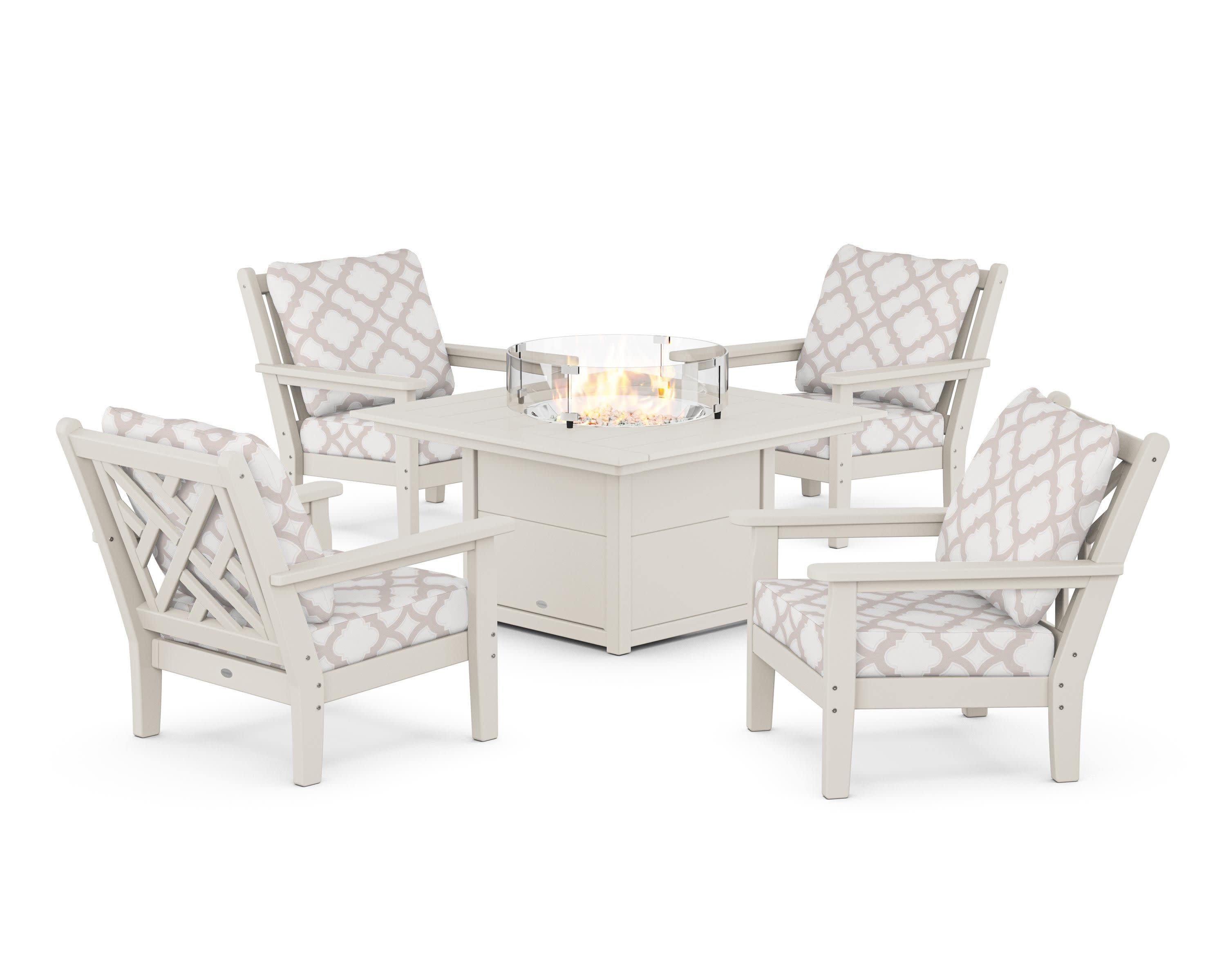 Chippendale 5-Piece Deep Seating Set with Fire Pit Table in Sand / Trellis Dune Burlap