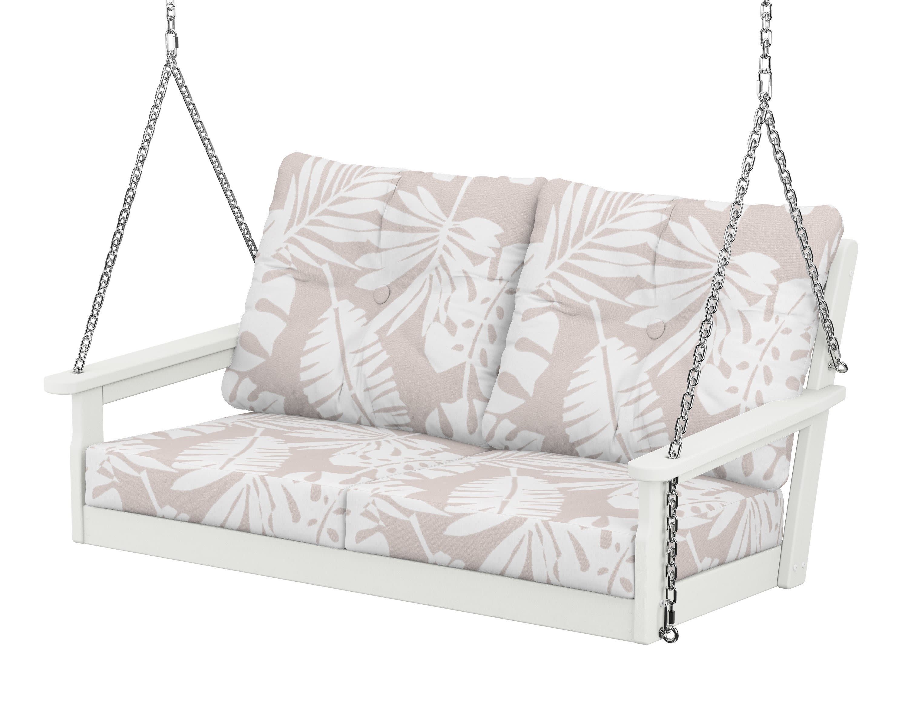 Vineyard Deep Seating Swing in Vintage White / Leaf Dune Burlap
