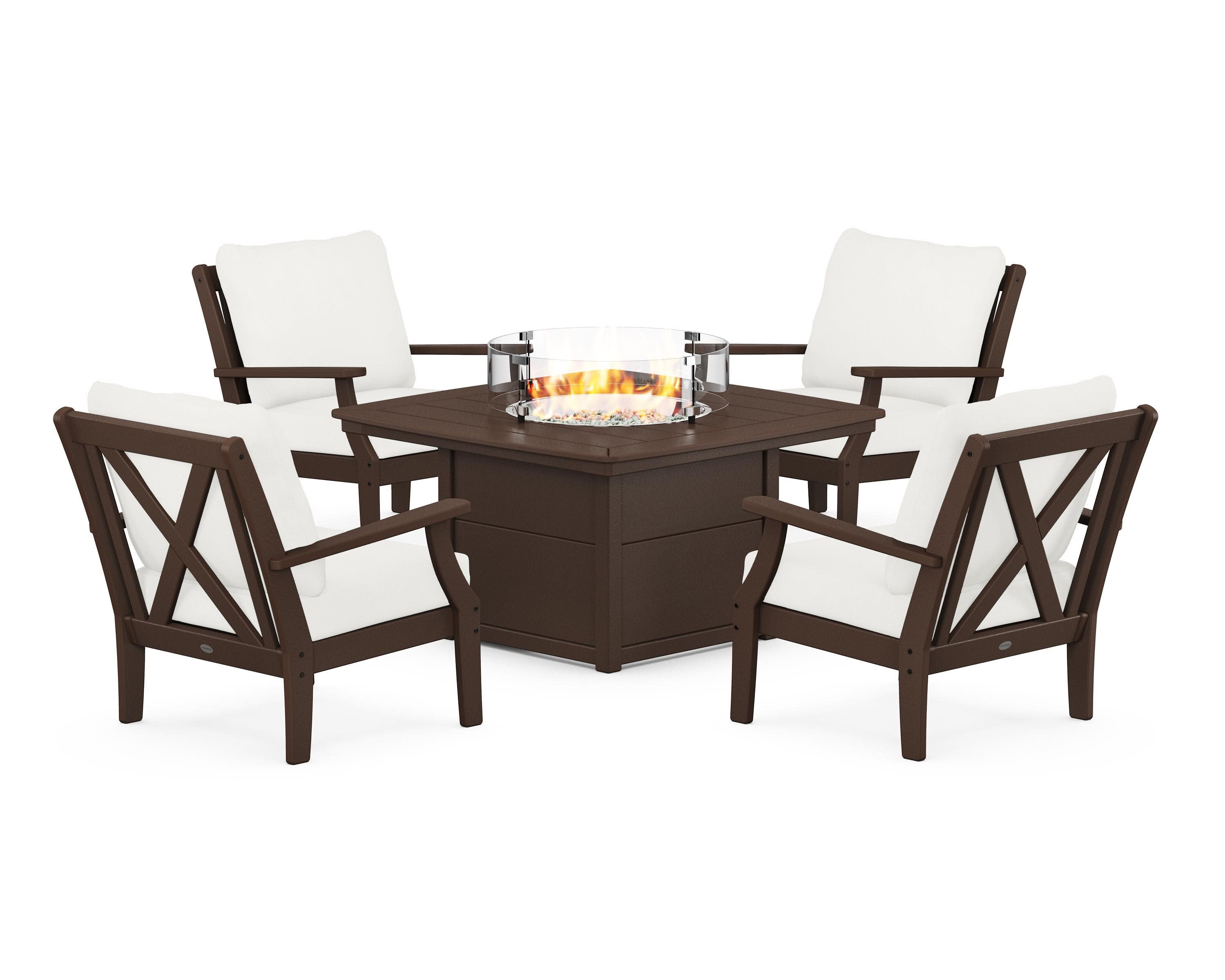 Braxton 5-Piece Deep Seating Conversation Set with Fire Pit Table in Mahogany / Natural Linen