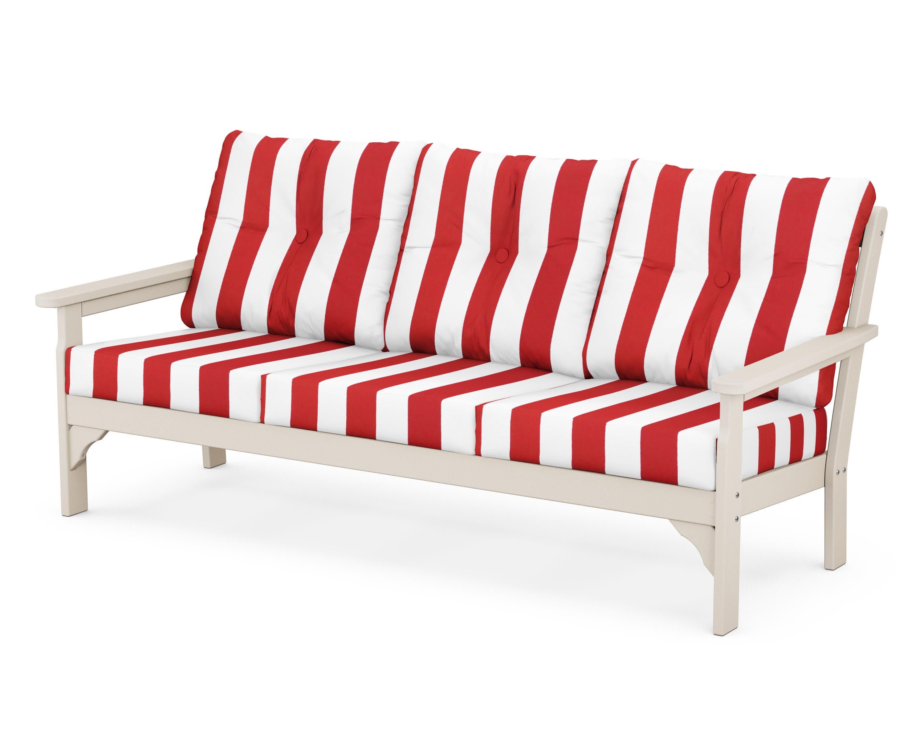 Vineyard Deep Seating Sofa in Sand / Cabana Stripe Crimson