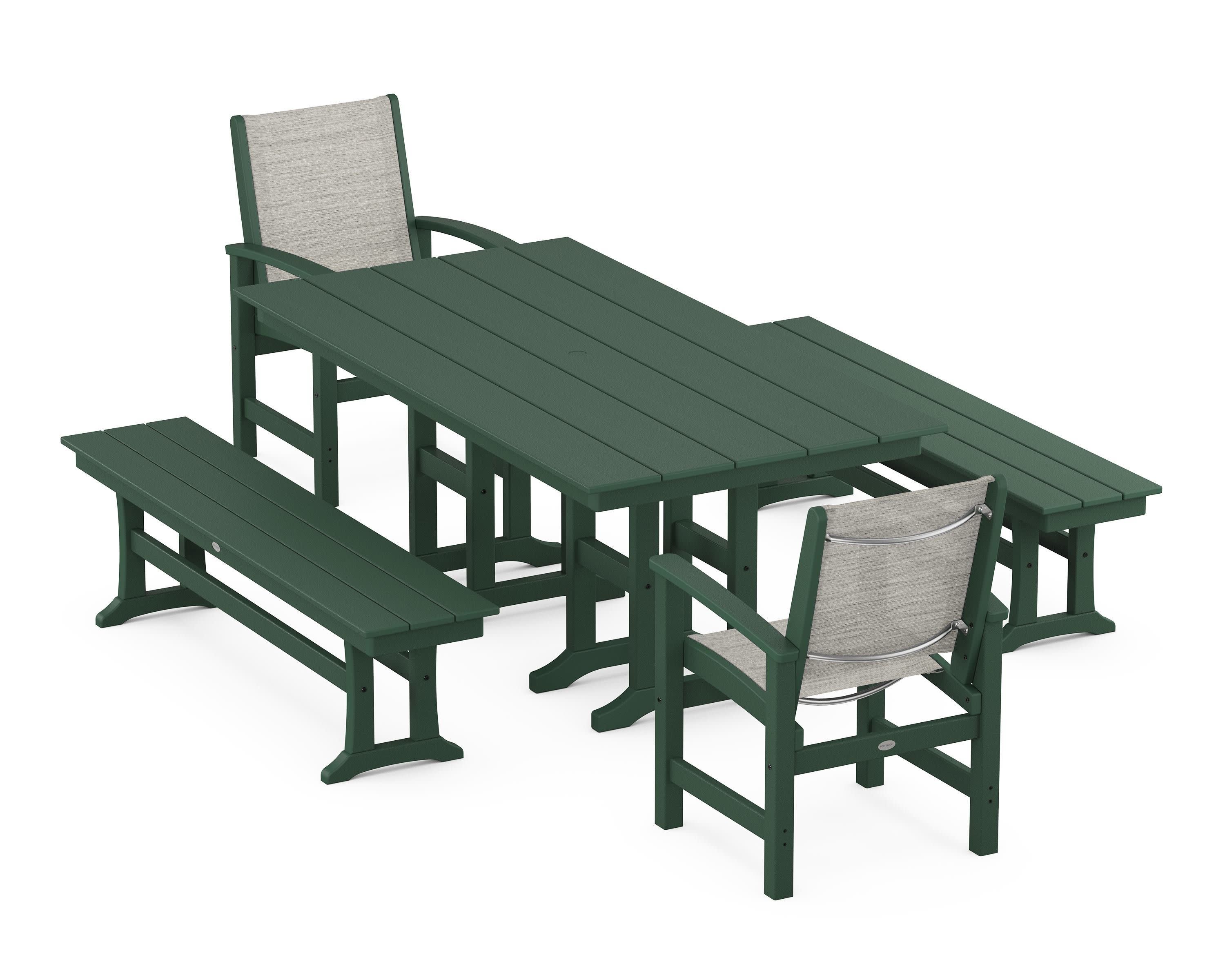 Coastal 5-Piece Farmhouse Dining Set in Green / Birch Sling